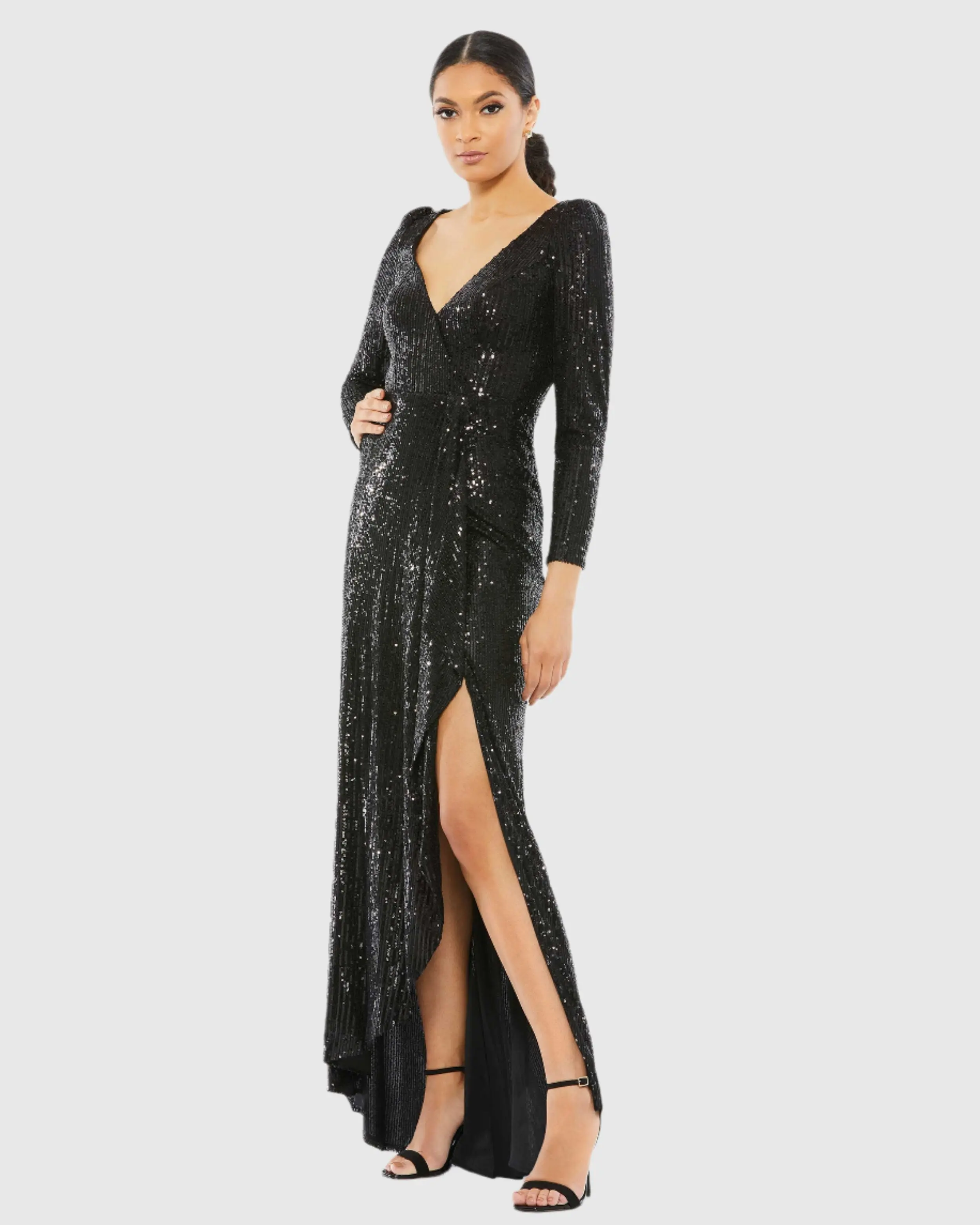Black Sequined Faux Wrap Long Sleeve Gown