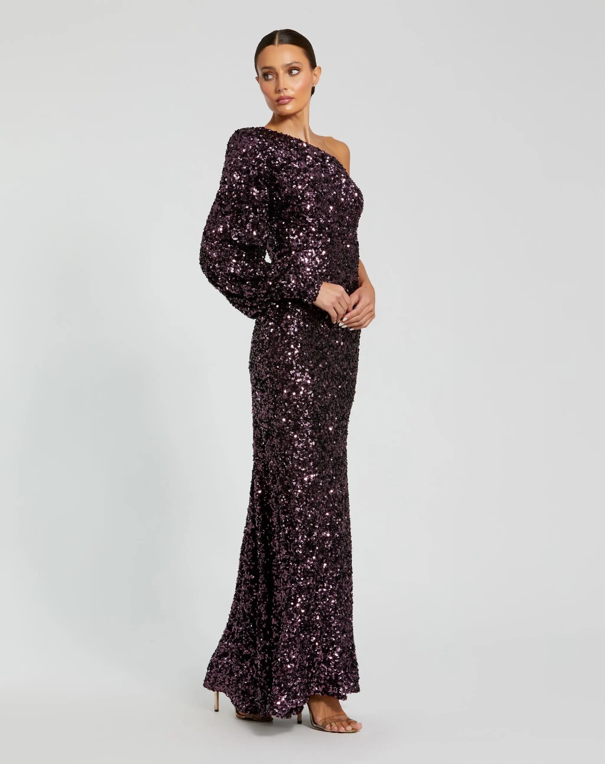 Purple Sequined One Shoulder Bishop Sleeve Trumpet Gown