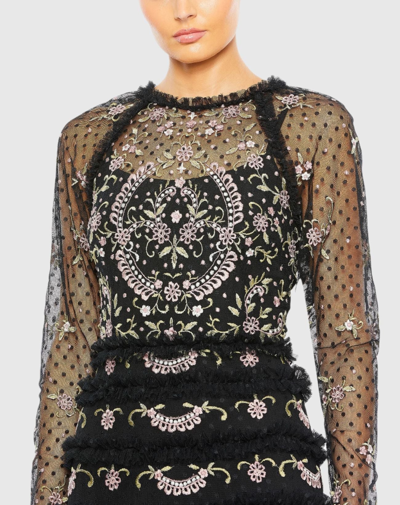 Black Mesh Polka Dot Long Sleeve Floral Ruffle Tired Gown