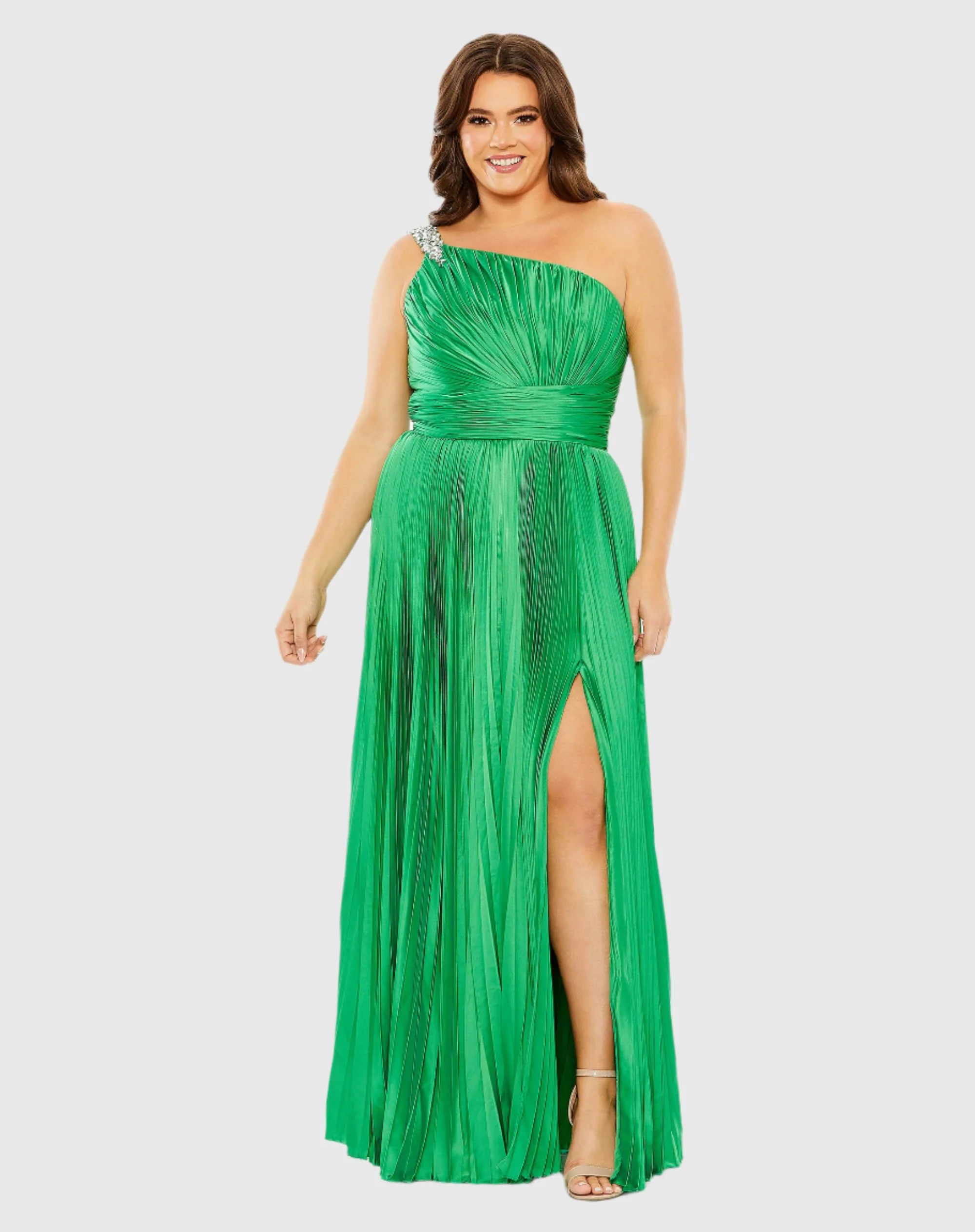 Green One Shoulder Embellished Pleated Sleeveless Gown