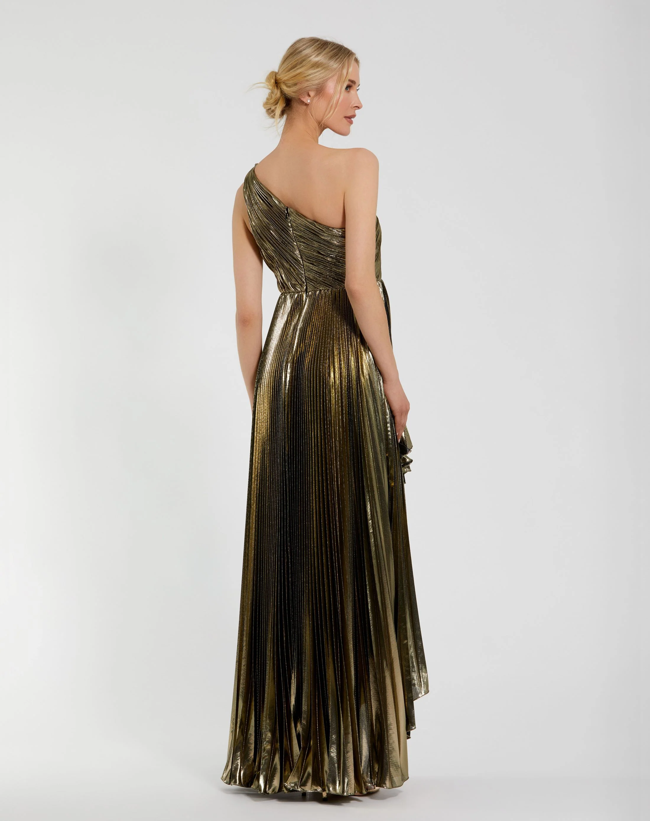 Gold Pleated Metallic One Shoulder High Low Gown