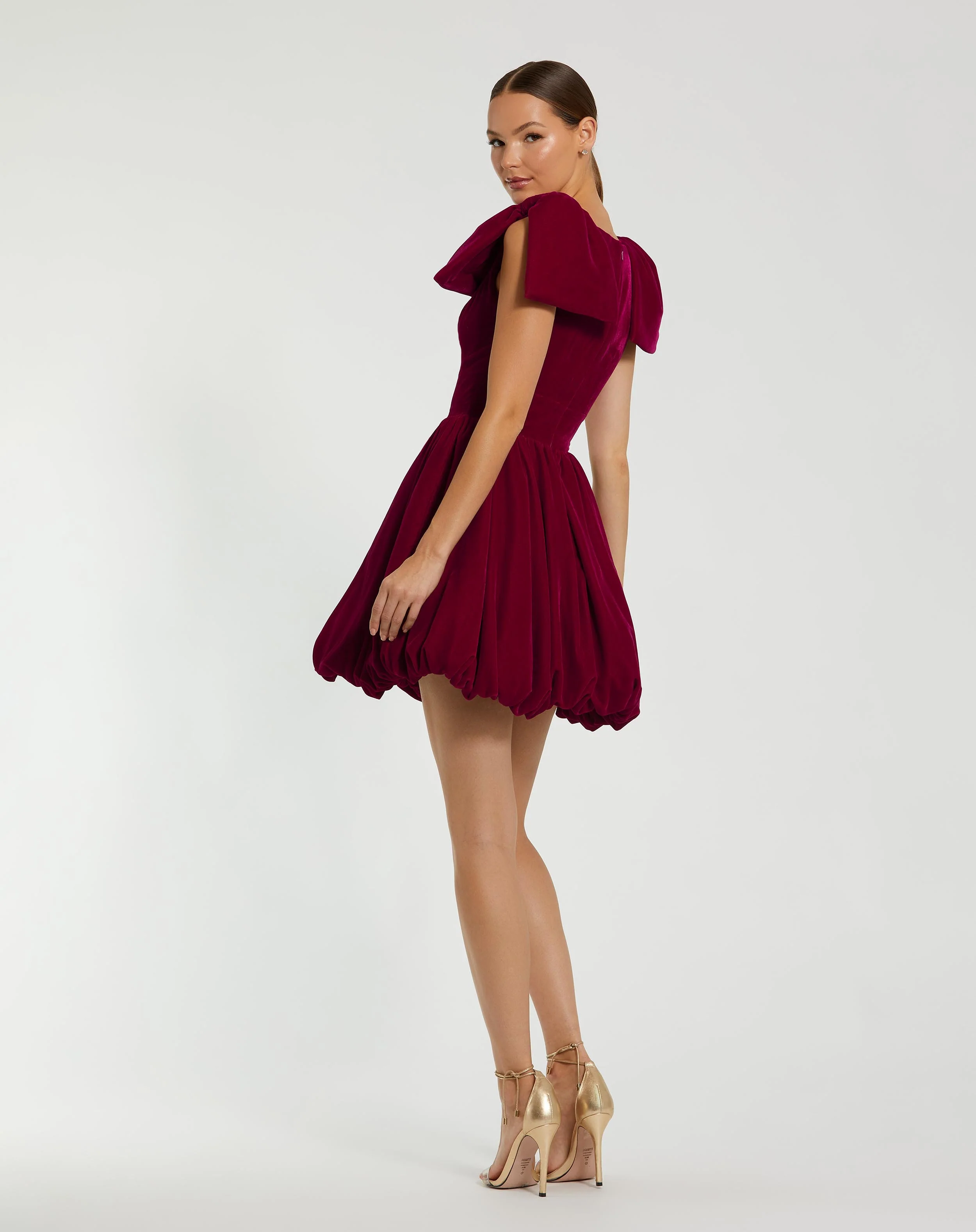 Red Shoulder Bow Velvet Bubble Mini Dress