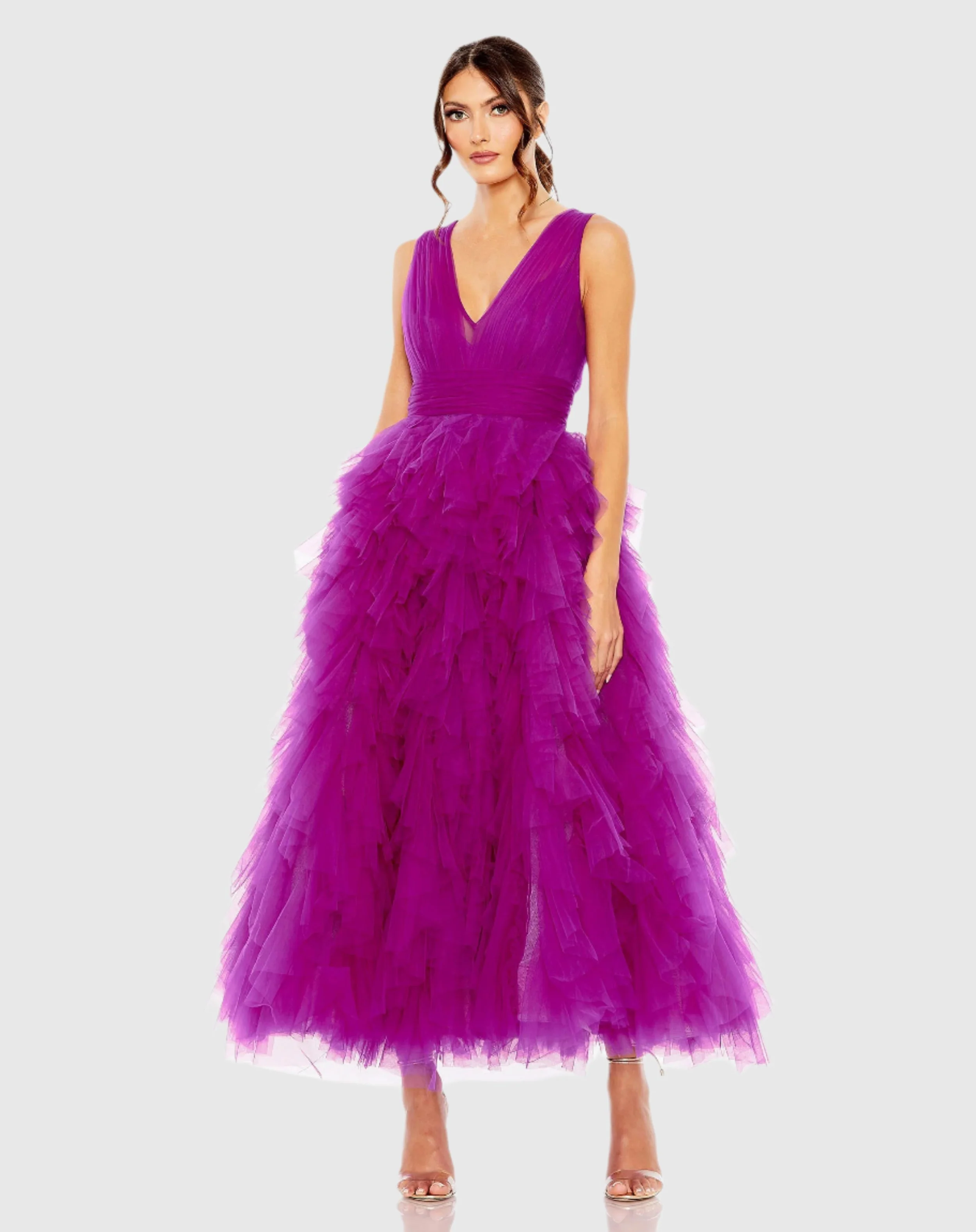 Purple Ruffled Cap Sleeve V-Neck A Line Tulle Dress
