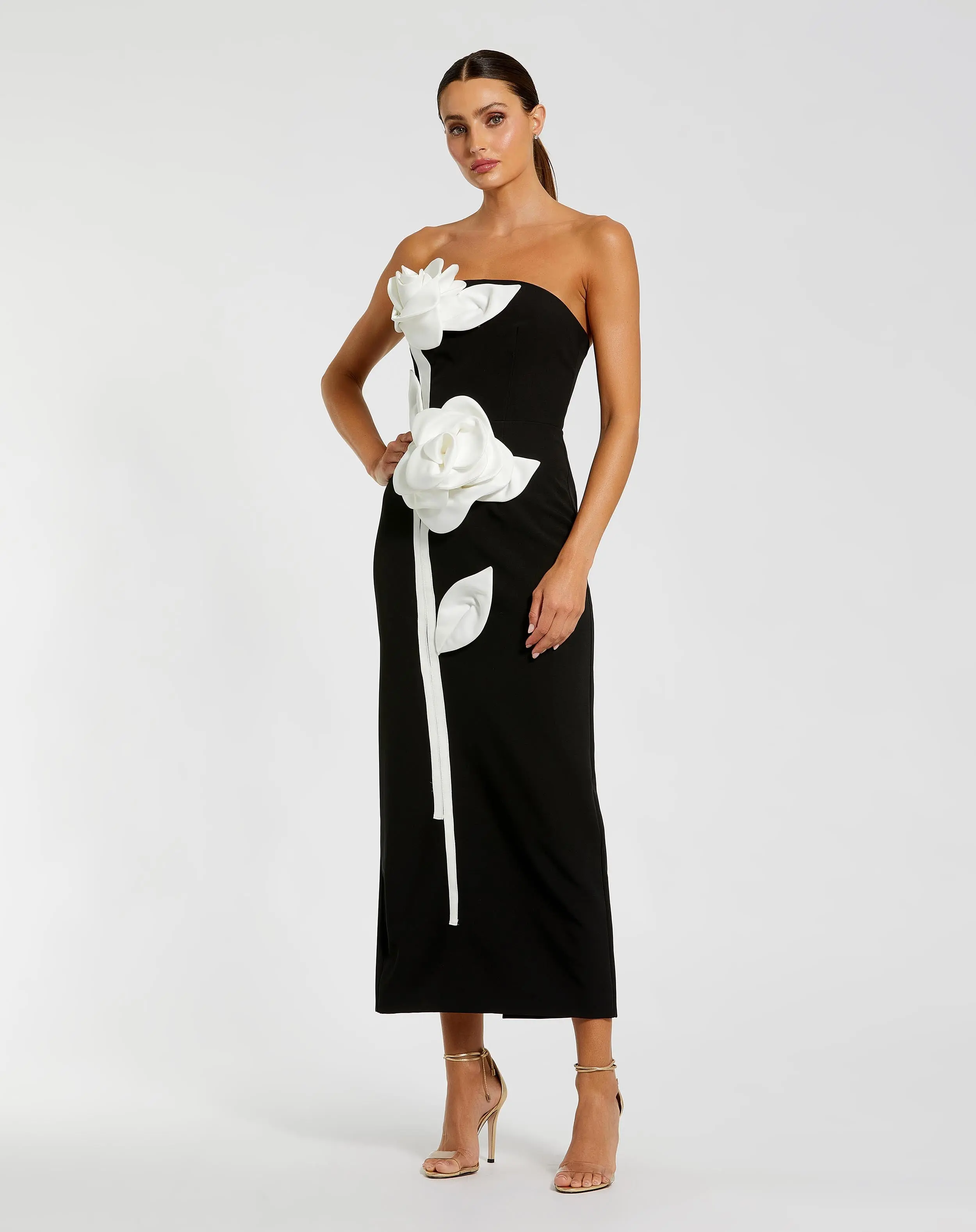 Black Strapless Crepe Ankle Dress With 3D Satin Flowers