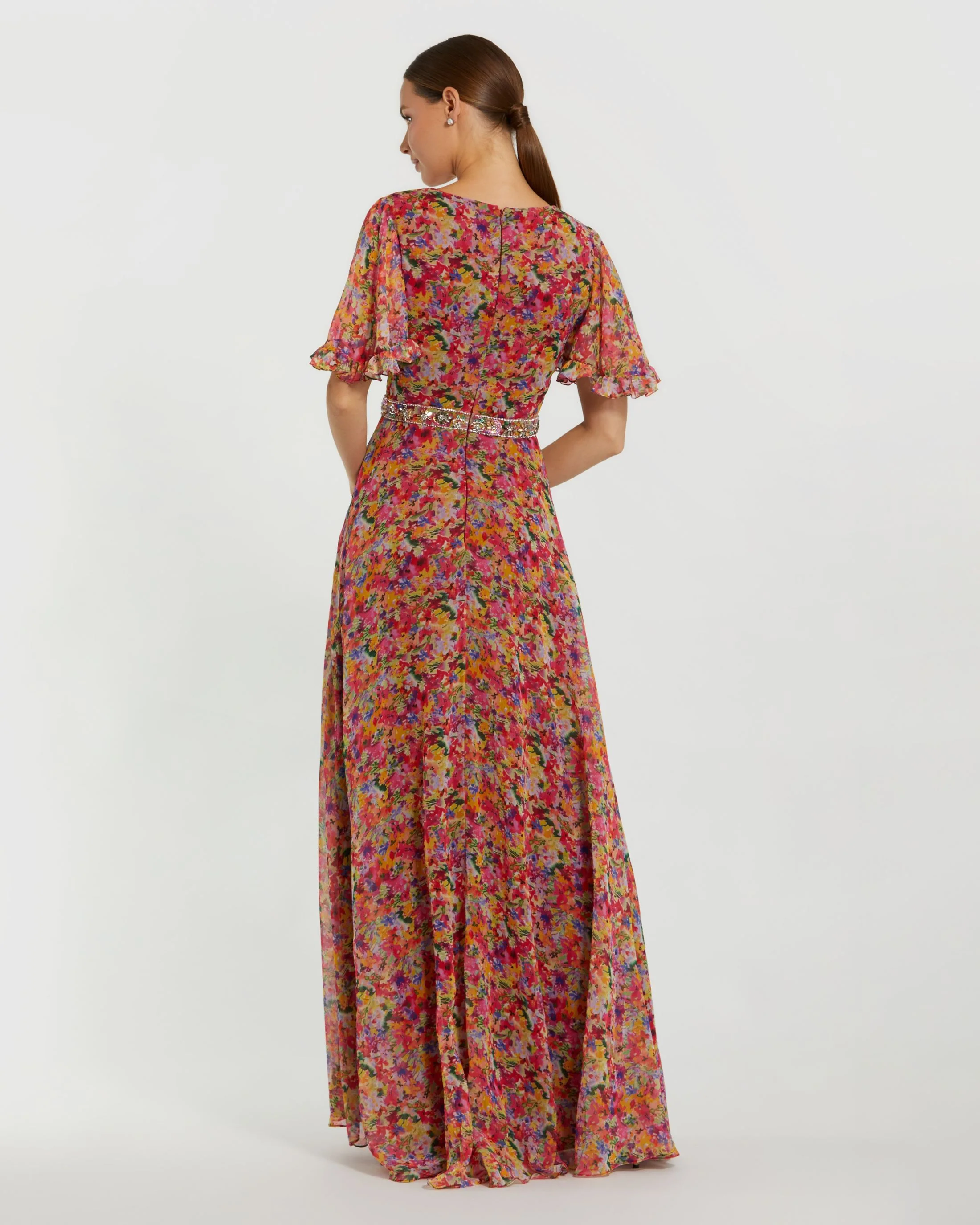 Floral Printed Chiffon Flutter Sleeve Gown