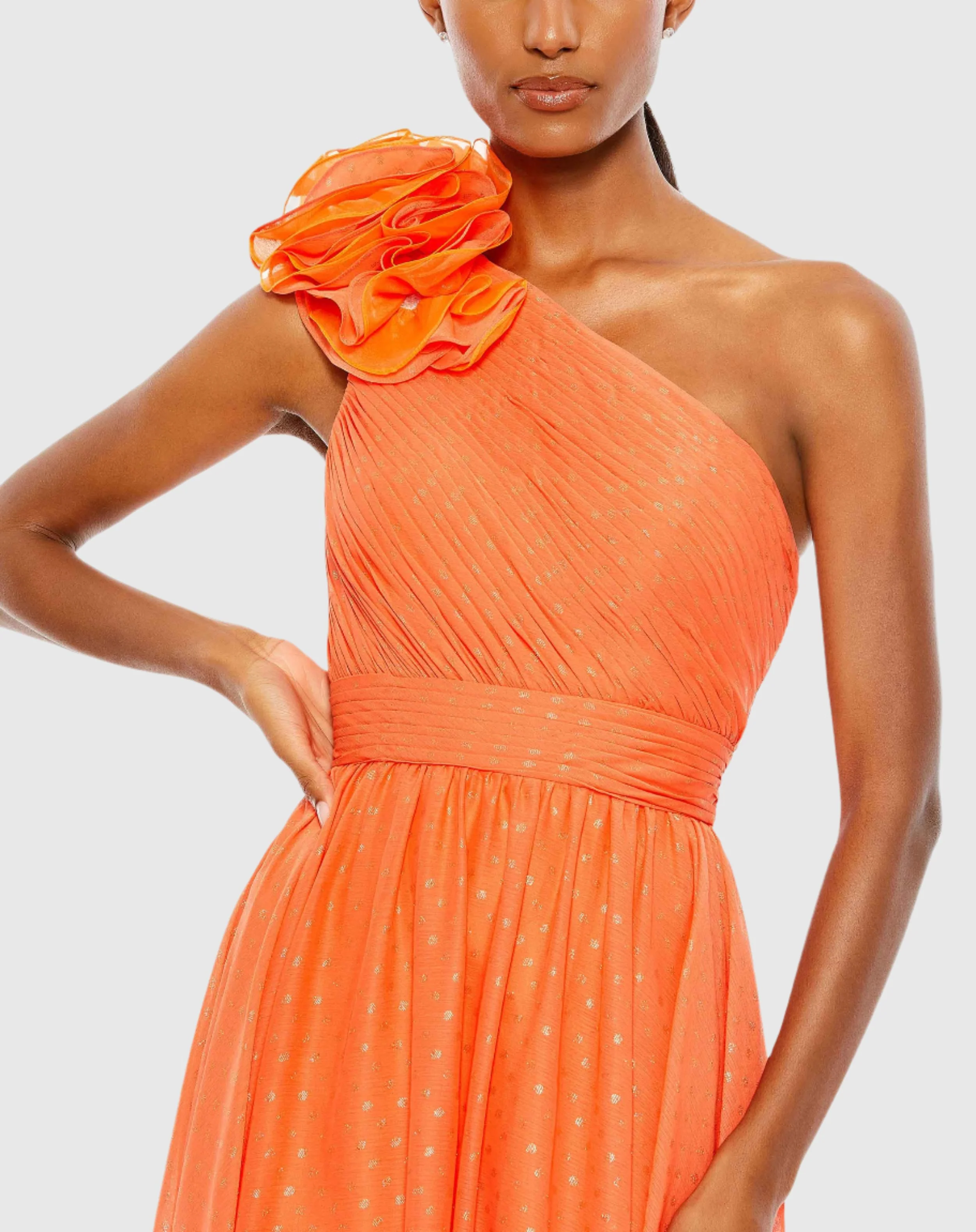 Orange Polka Dot Ruffled One Shoulder Gown