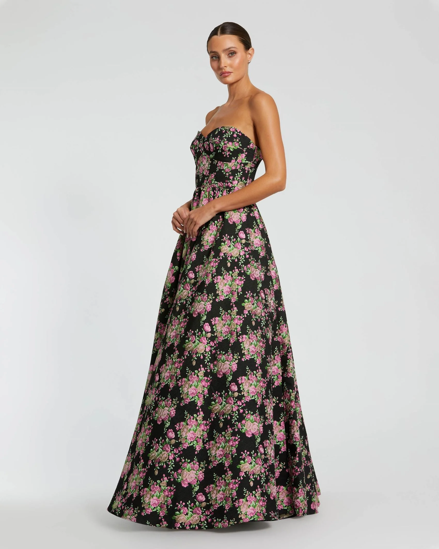 Black Strapless Sweetheart Brocade Floral A Line Gown