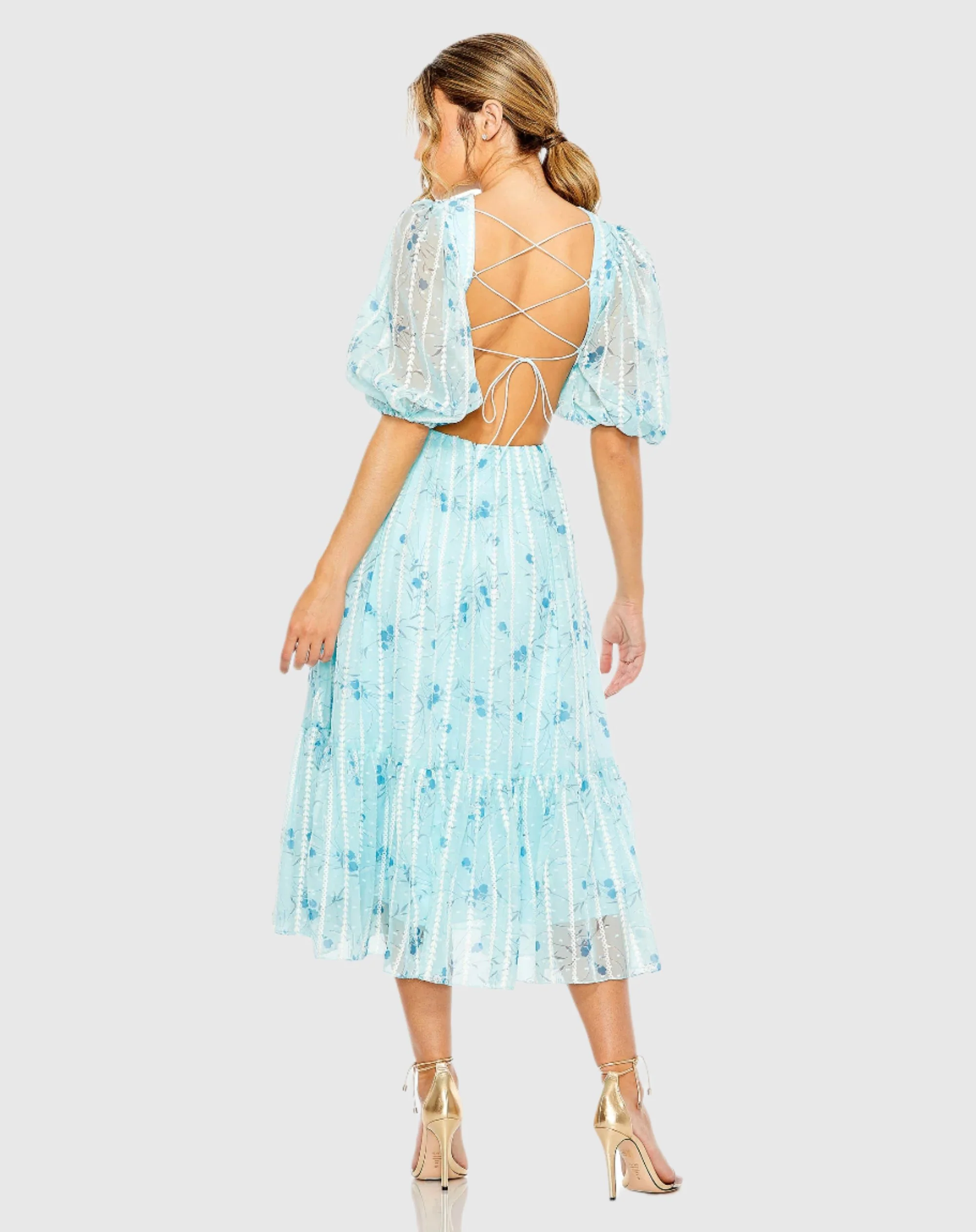 Lace Up Puff Sleeve Floral Dress