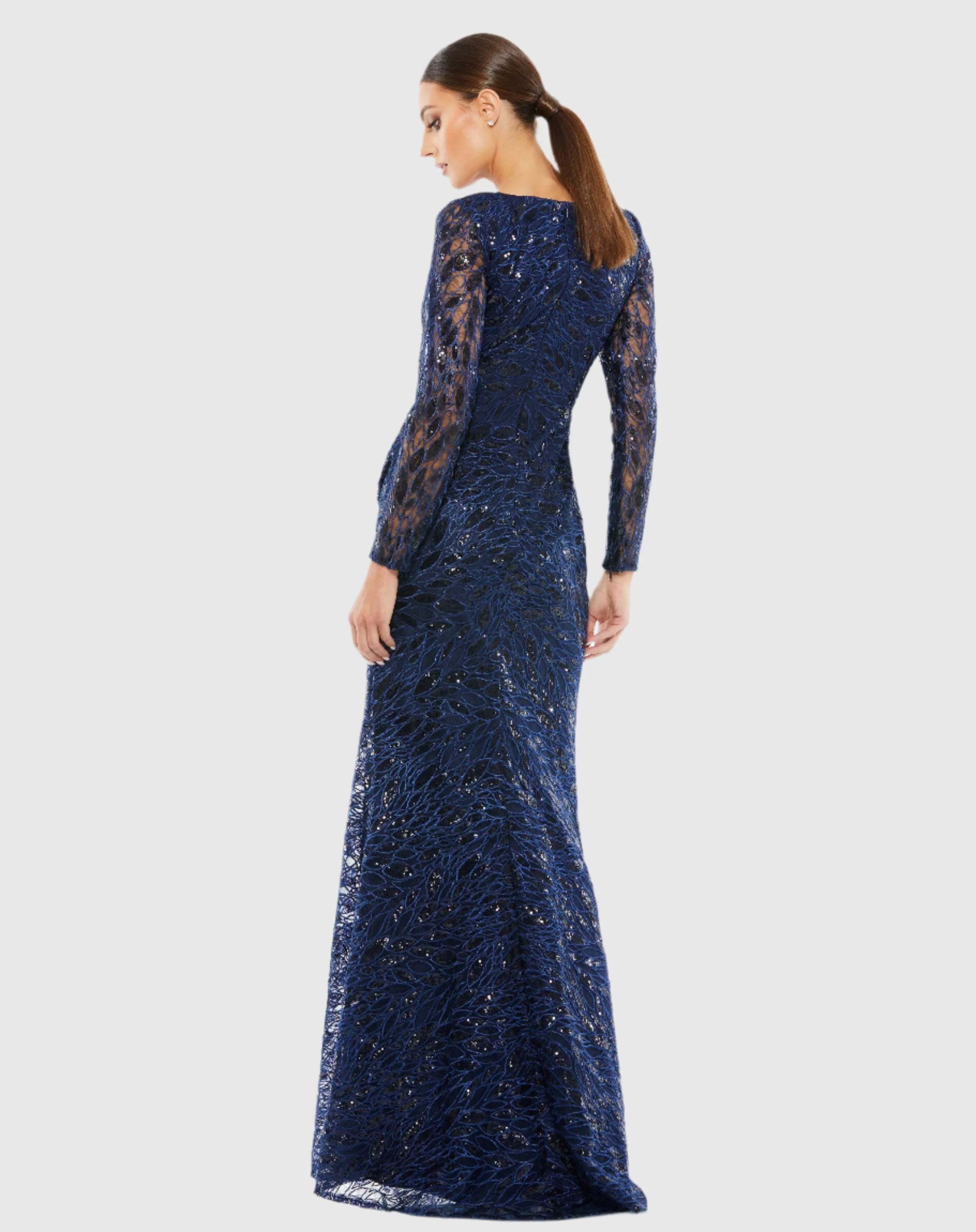 Navy Long Sleeve Ruched Sequined V-Neck Gown