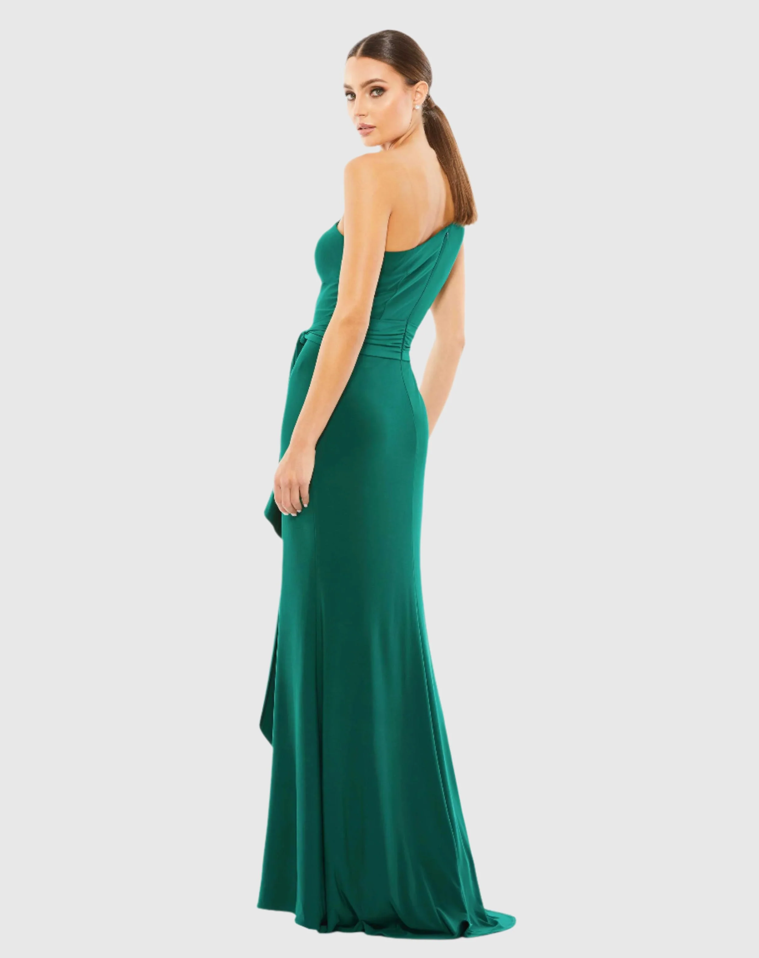 Jersey One Shoulder Belted Trumpet Gown