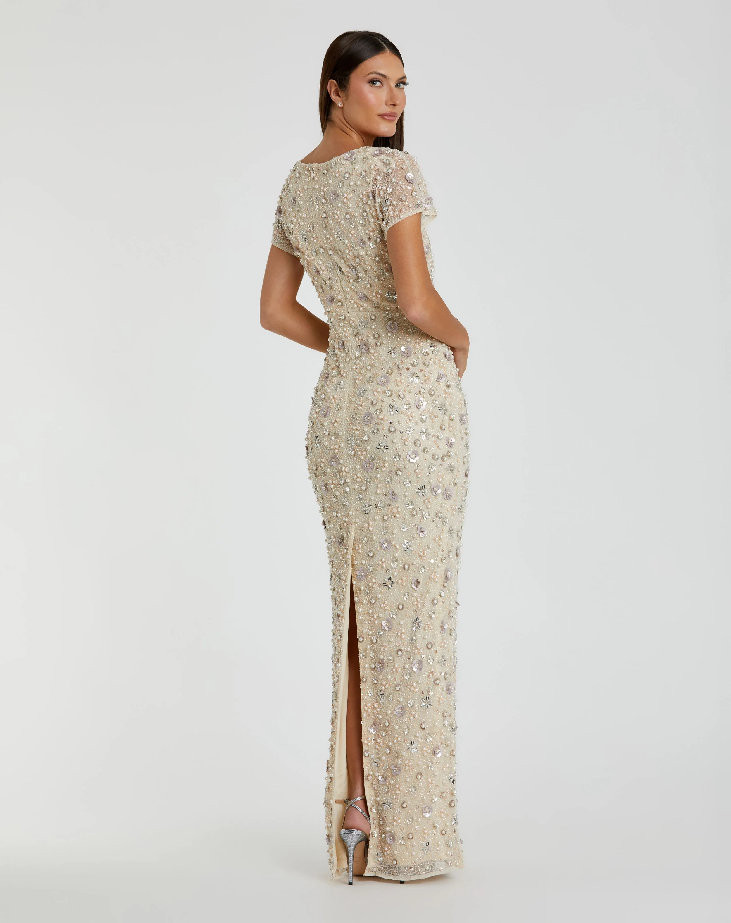Ivory Floral Embellished Mesh Fitted Blouson Gown