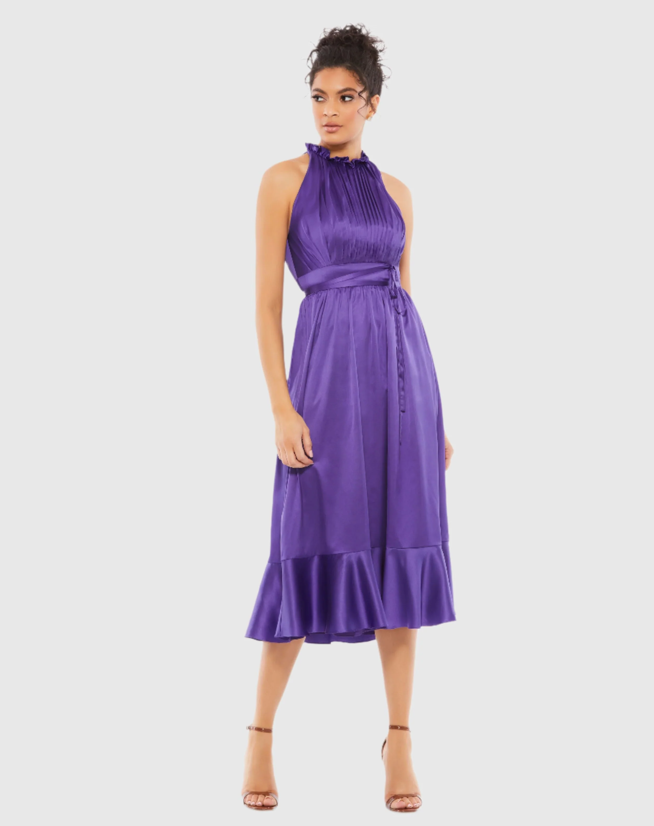 Purple Ruffle Halter Neck Midi Dress