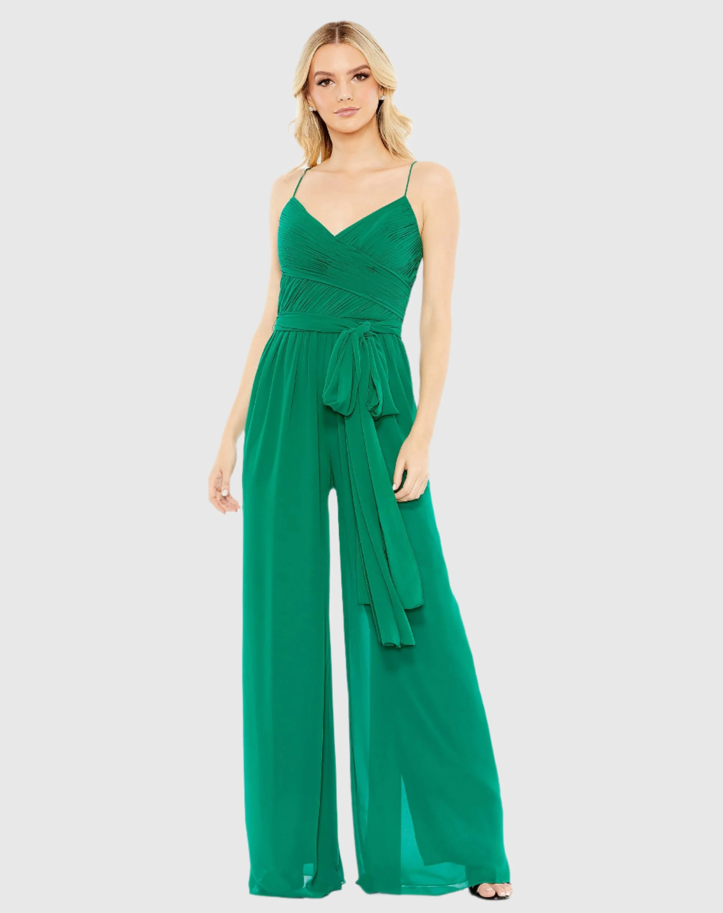 Green Ruched Sleeveless Tie Jumpsuit