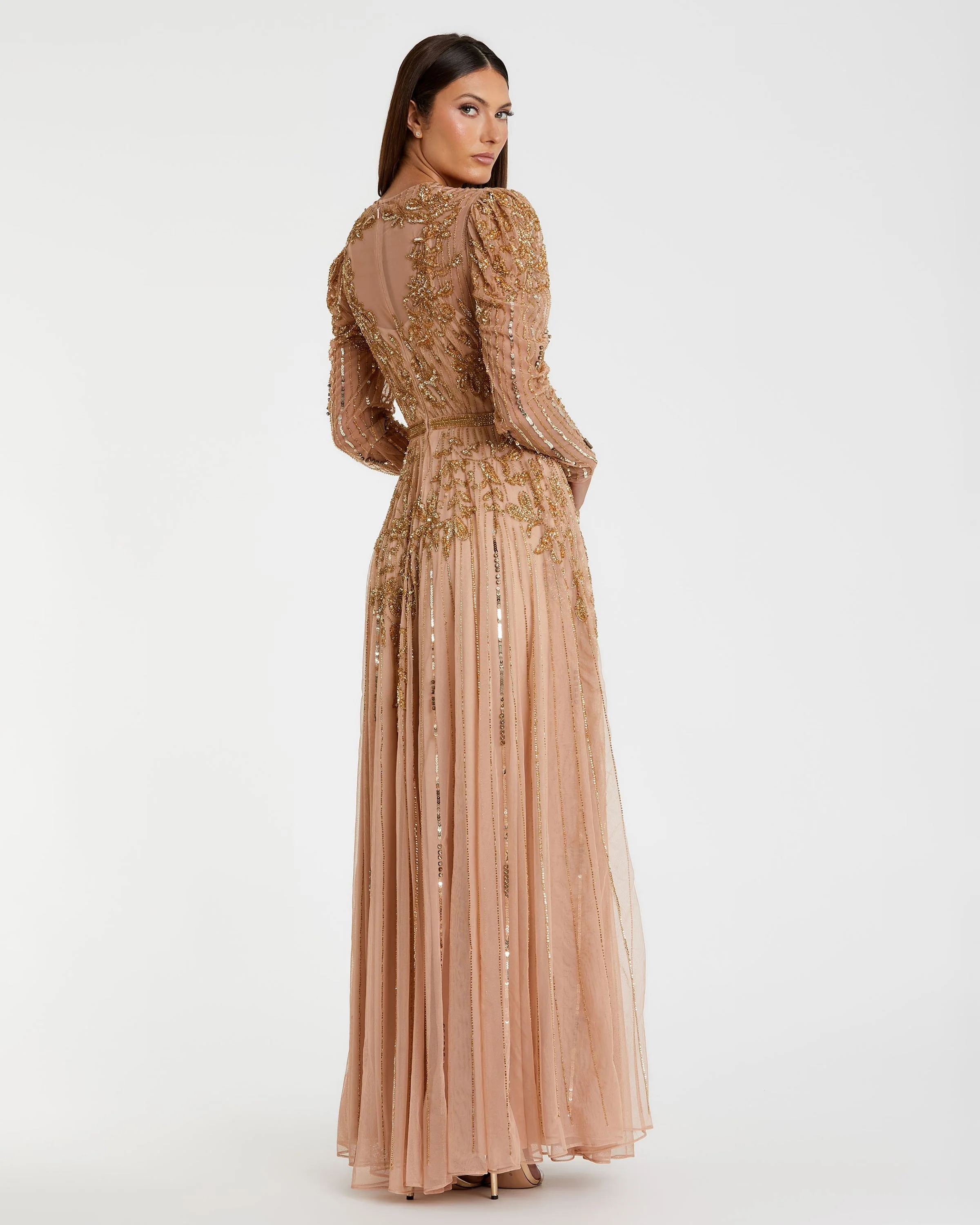 Beaded Illusion Puff Sleeve Gown