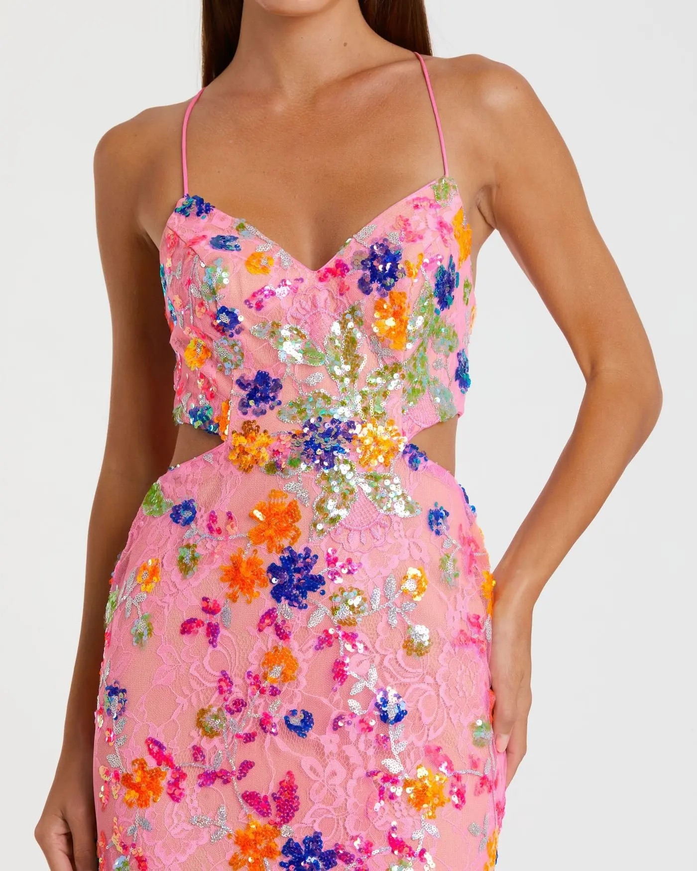 Pink Embellished Lace Strappy Column Gown