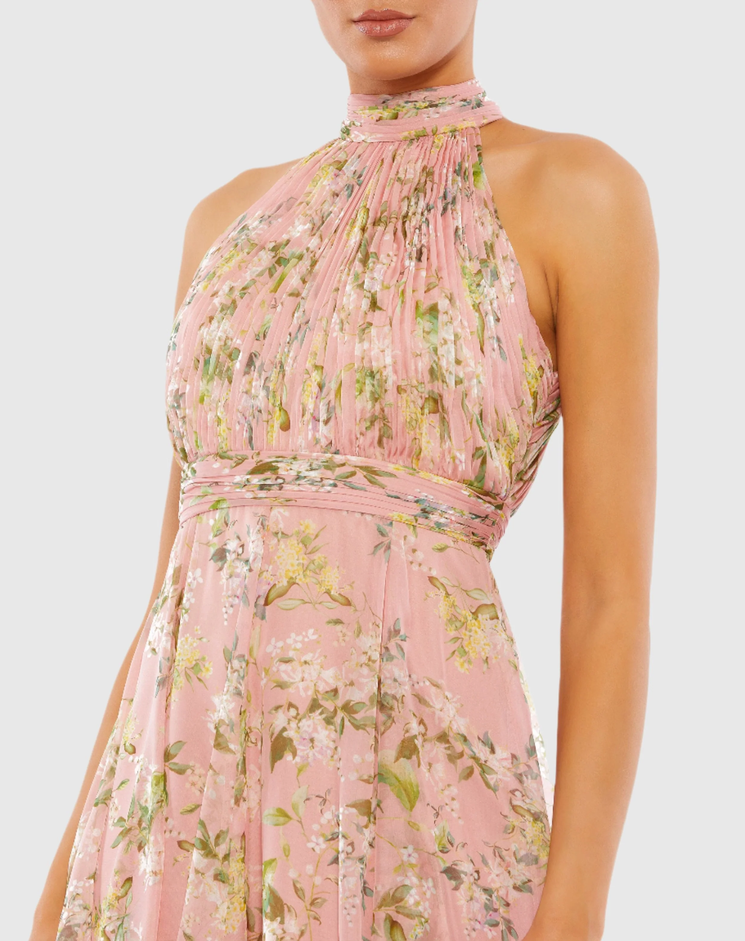 Pleated Halter Neck Floral Dress