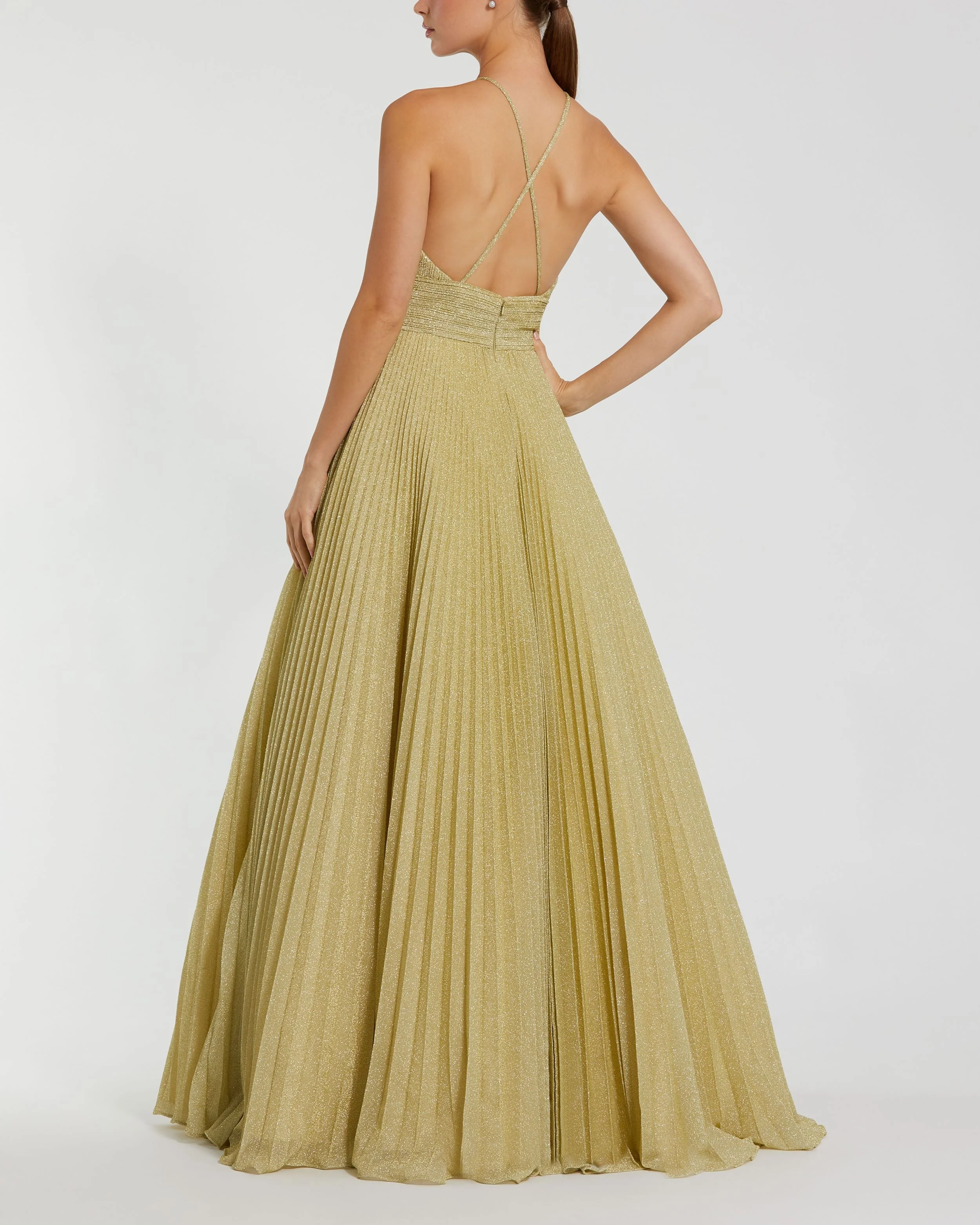 Gold Shimmering Pleated High Neck Gown