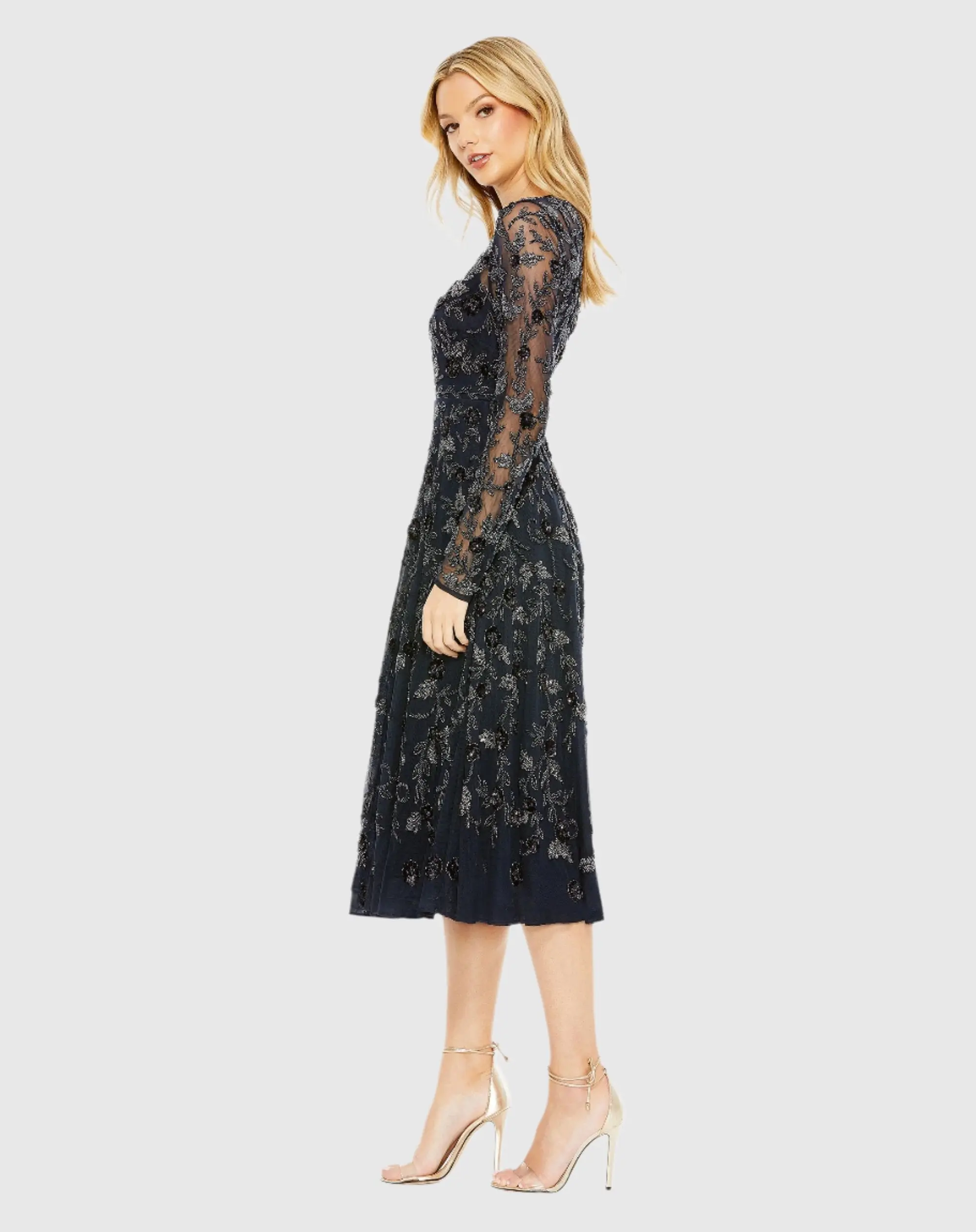 Navy Beaded Illusion High Neck Long Sleeve A Line Gown