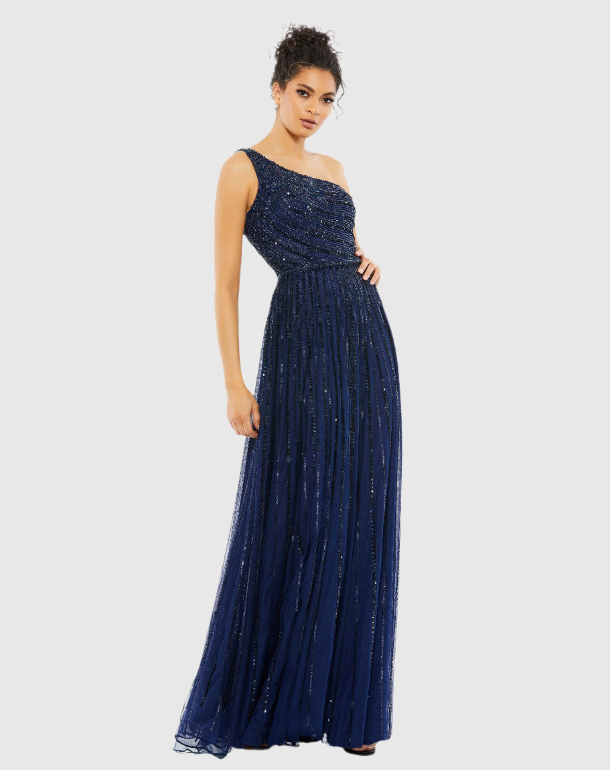 Navy Embellished One Shoulder A-Line Gown