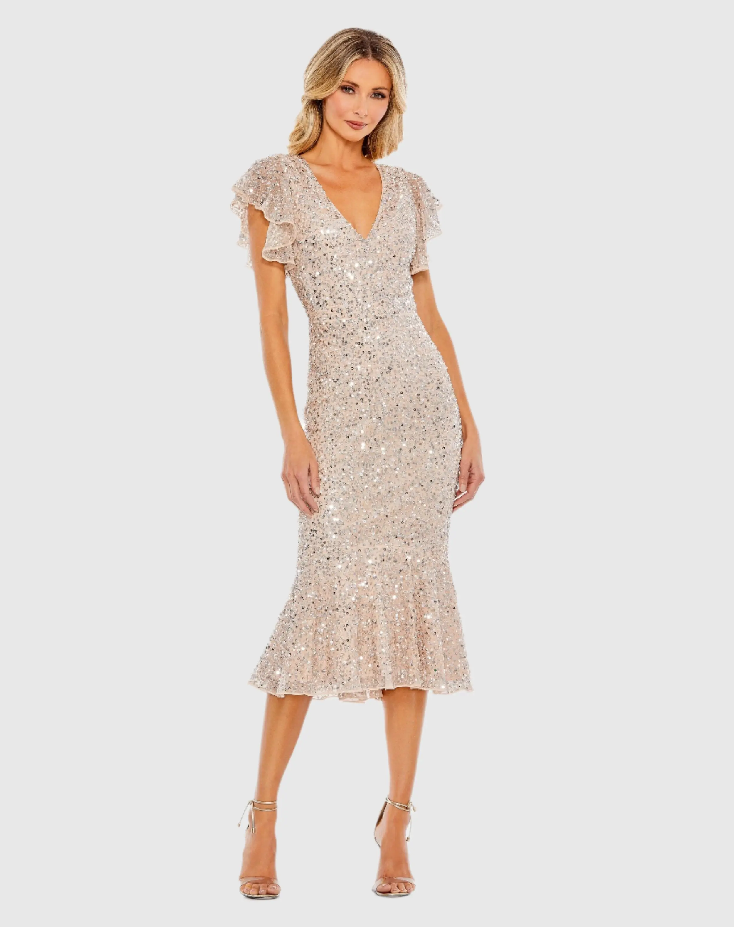Beige Sequined V Neck Flutter Cap Sleeve Trumpet Dress