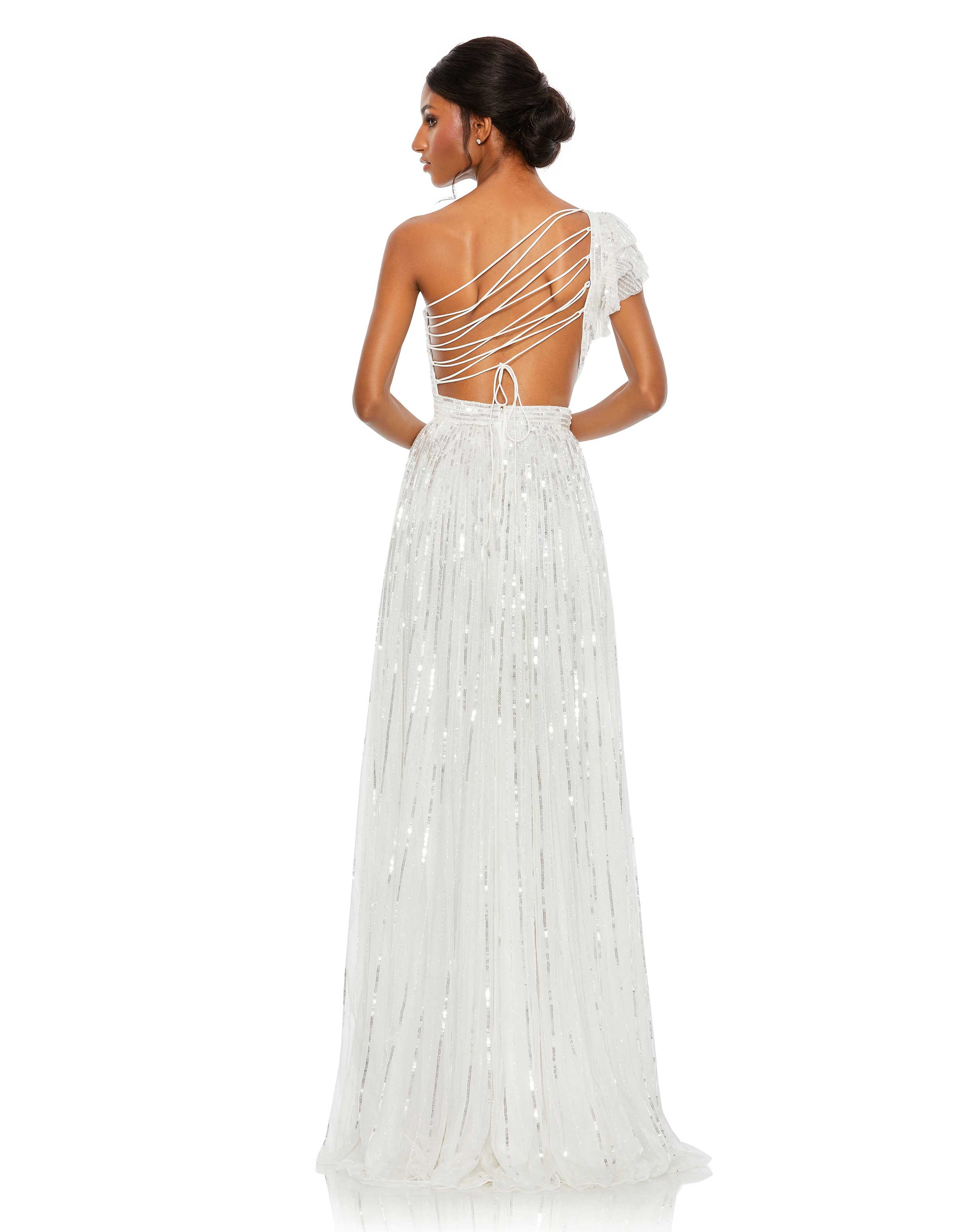 Sequined One Shoulder Flutter Sleeve A Line Gown - FINAL SALE