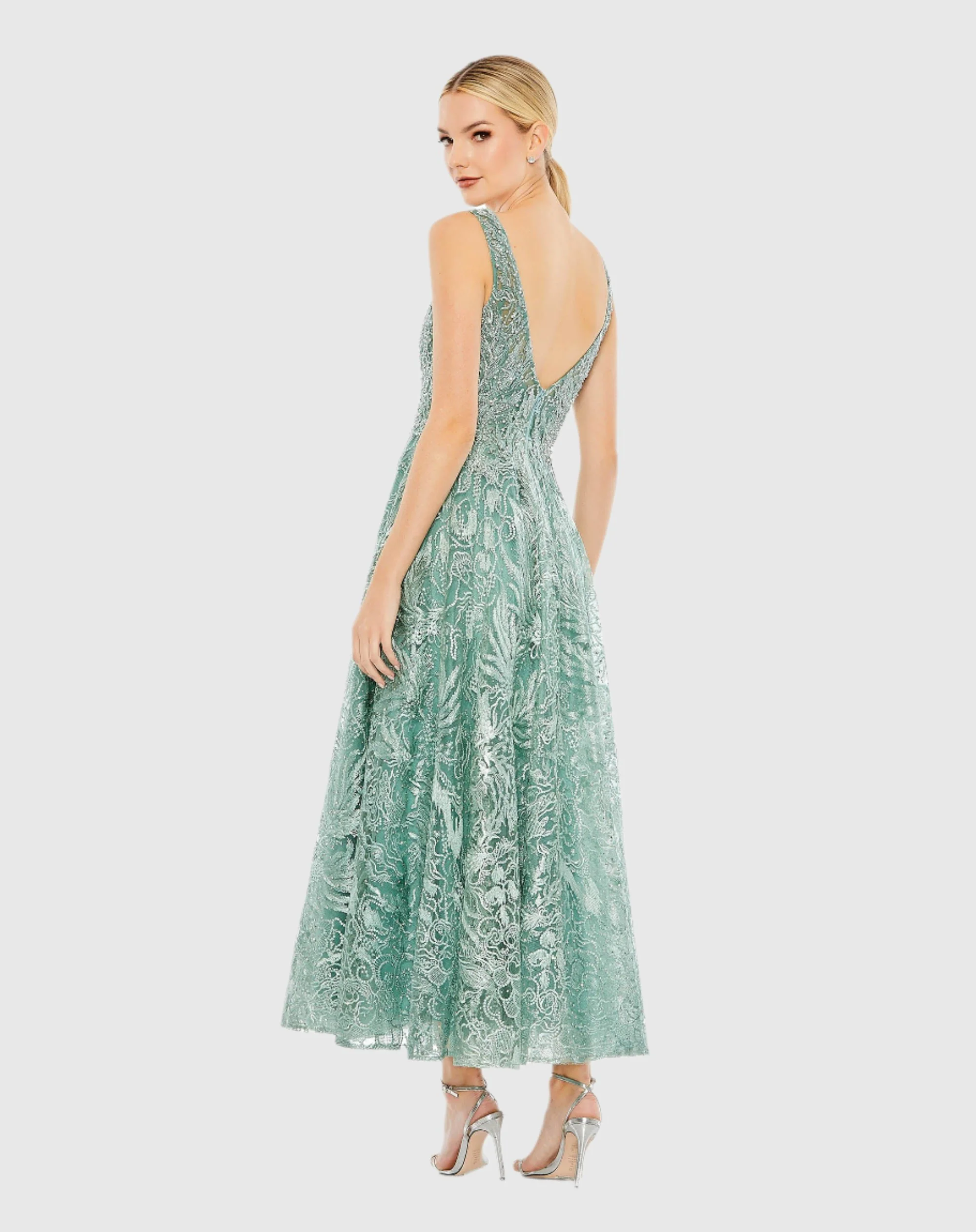 Green V-Neck Low Cut Back Floral Embroidered A-Line Dress