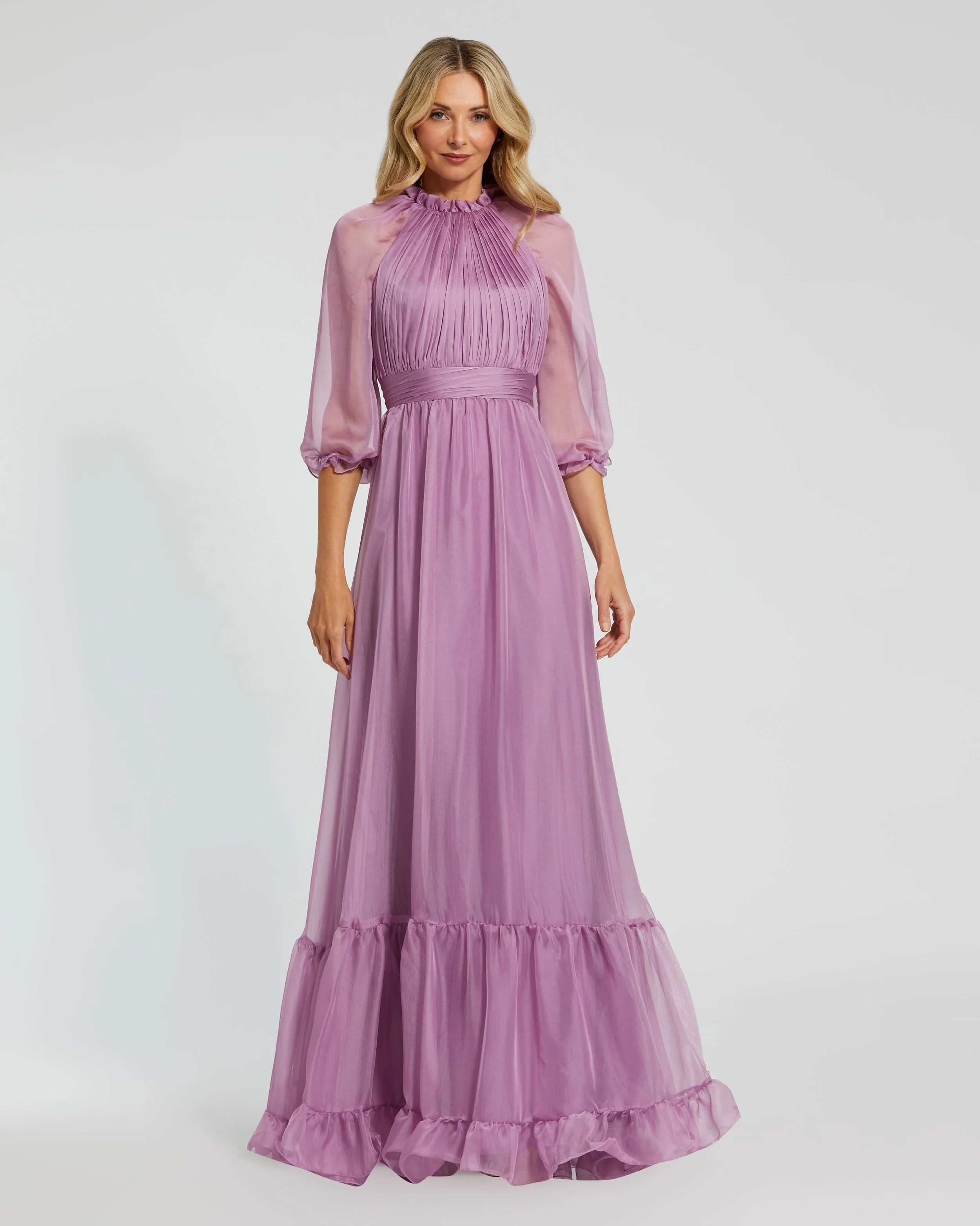 Light Purple Chiffon Ruched Illusion Raglan Sleeve Ruffled Gown
