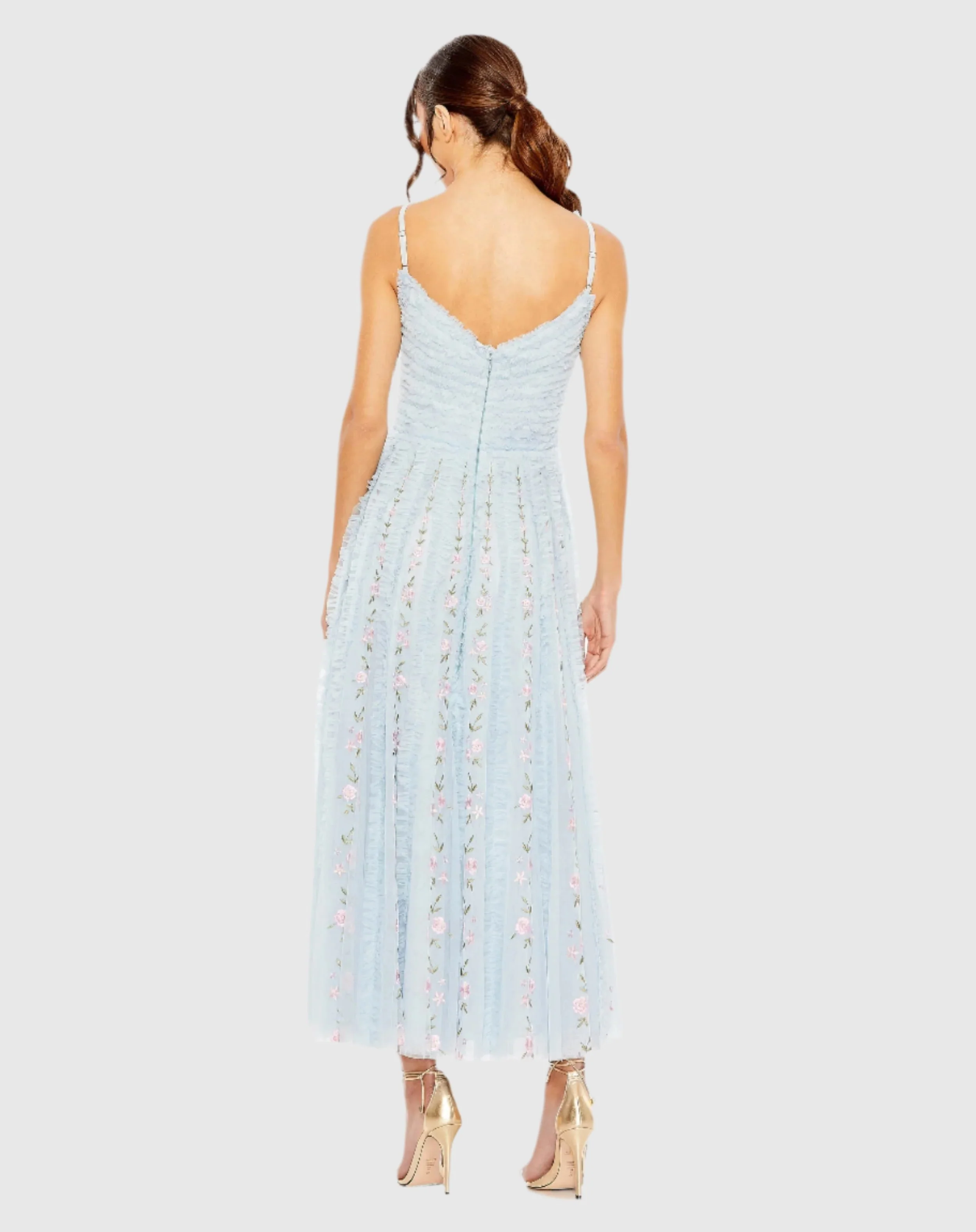 Blue Ruffle Floral Embroidered Detail Tea Length Dress