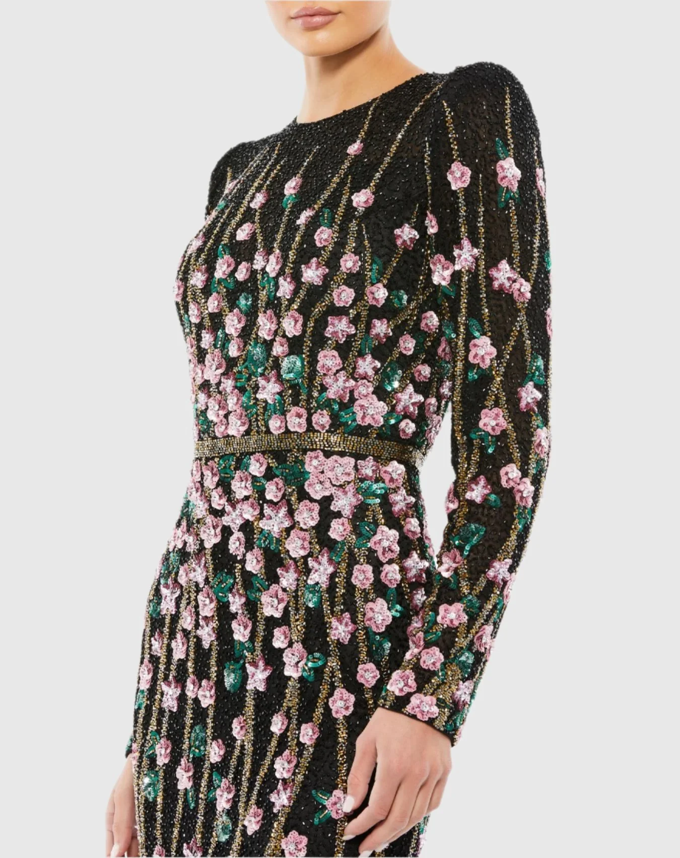 Embellished High Neck Long Sleeve Gown