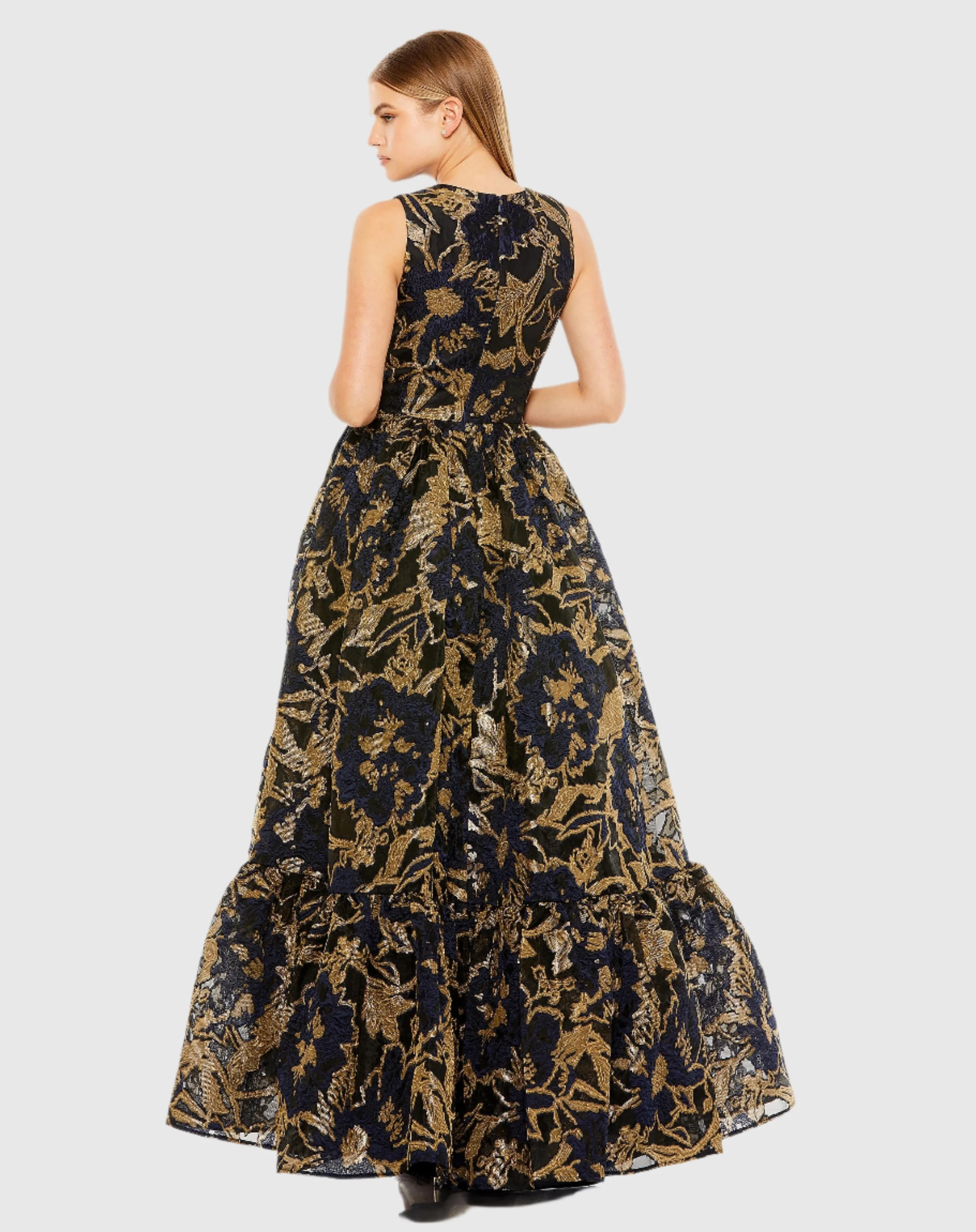 Navy and Gold Sleeveless High Low Brocade Gown