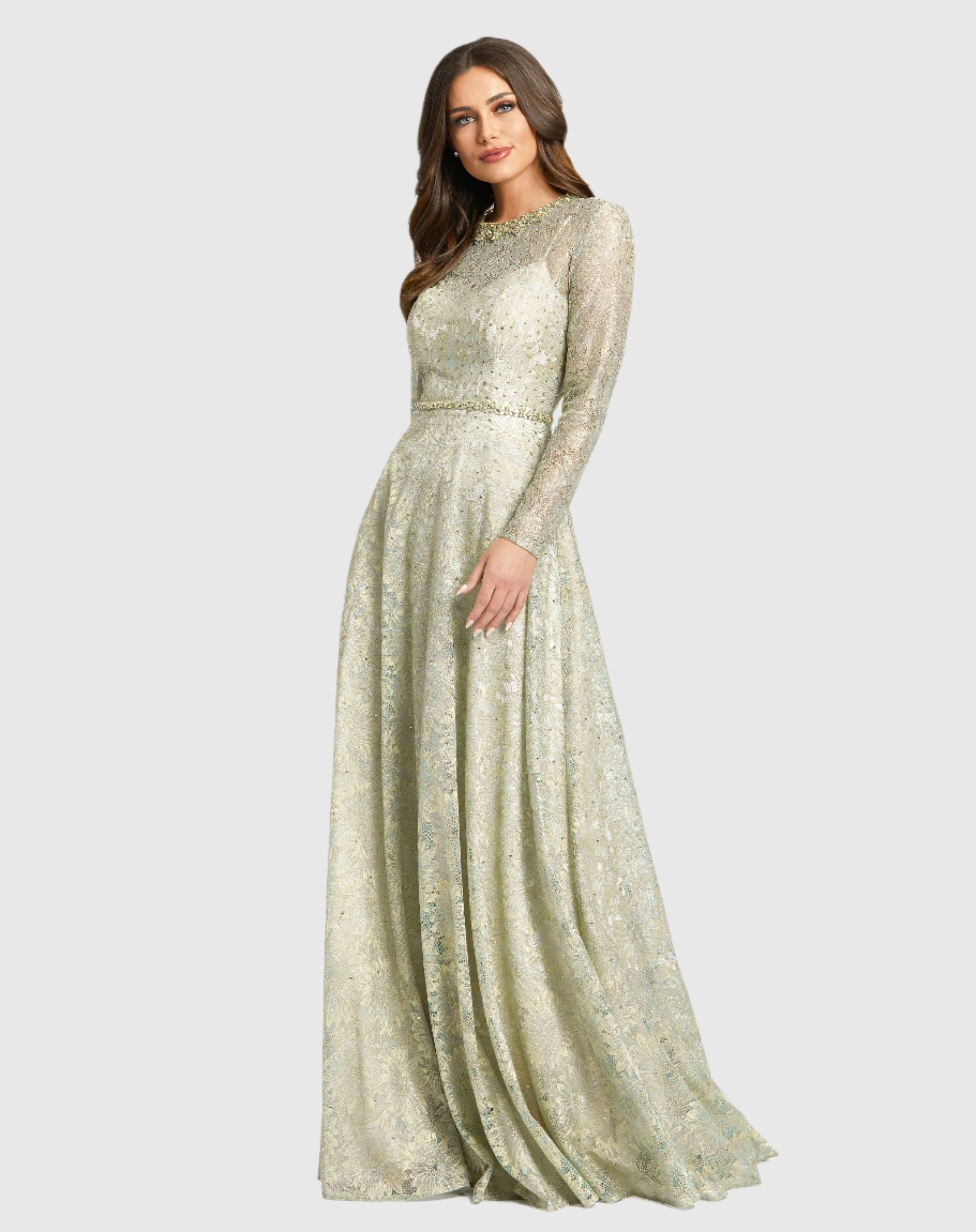 Green Long Sleeve Floral Lace Gown