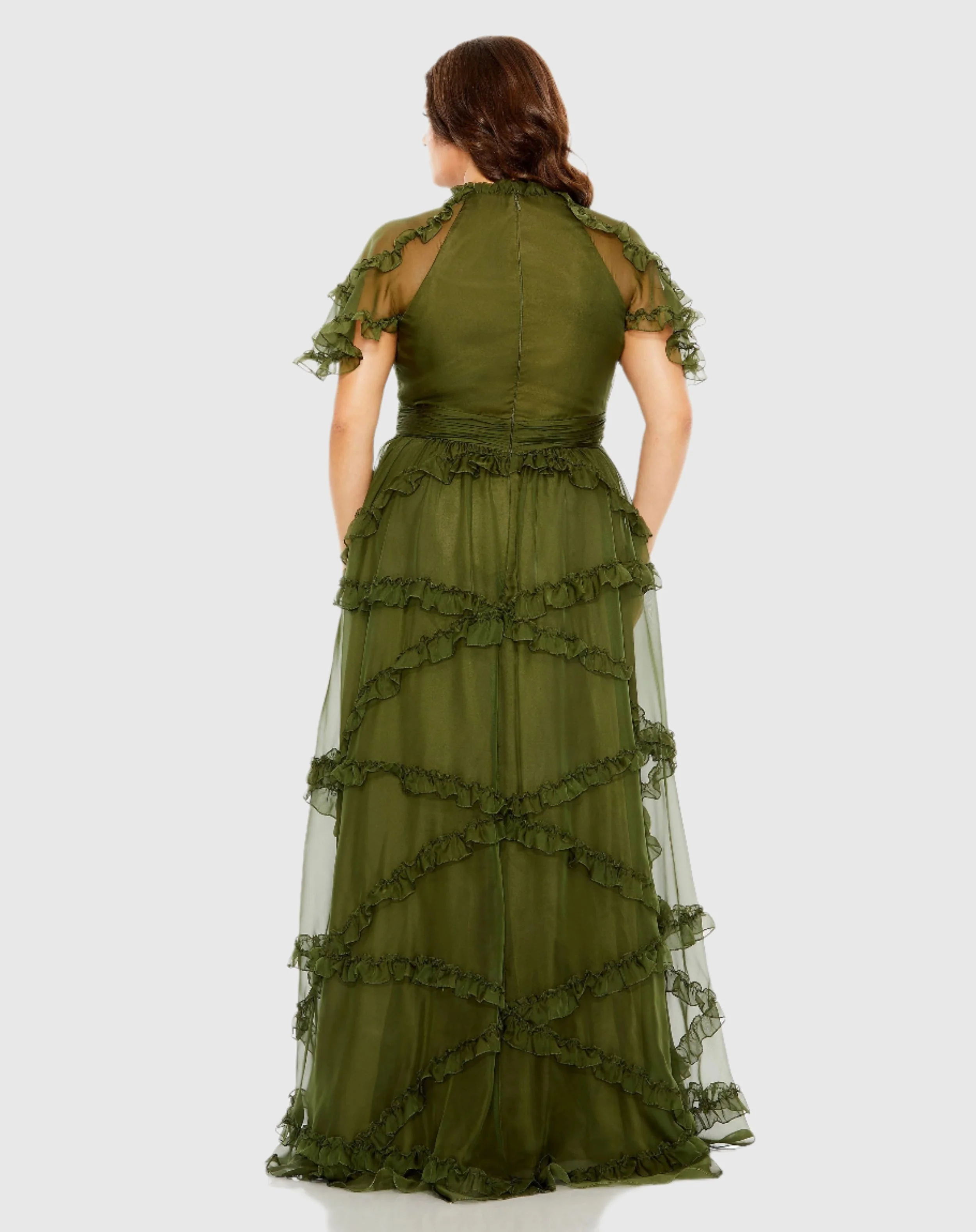 Green High Neck Ruffle Tiered Flutter Sleeve Gown