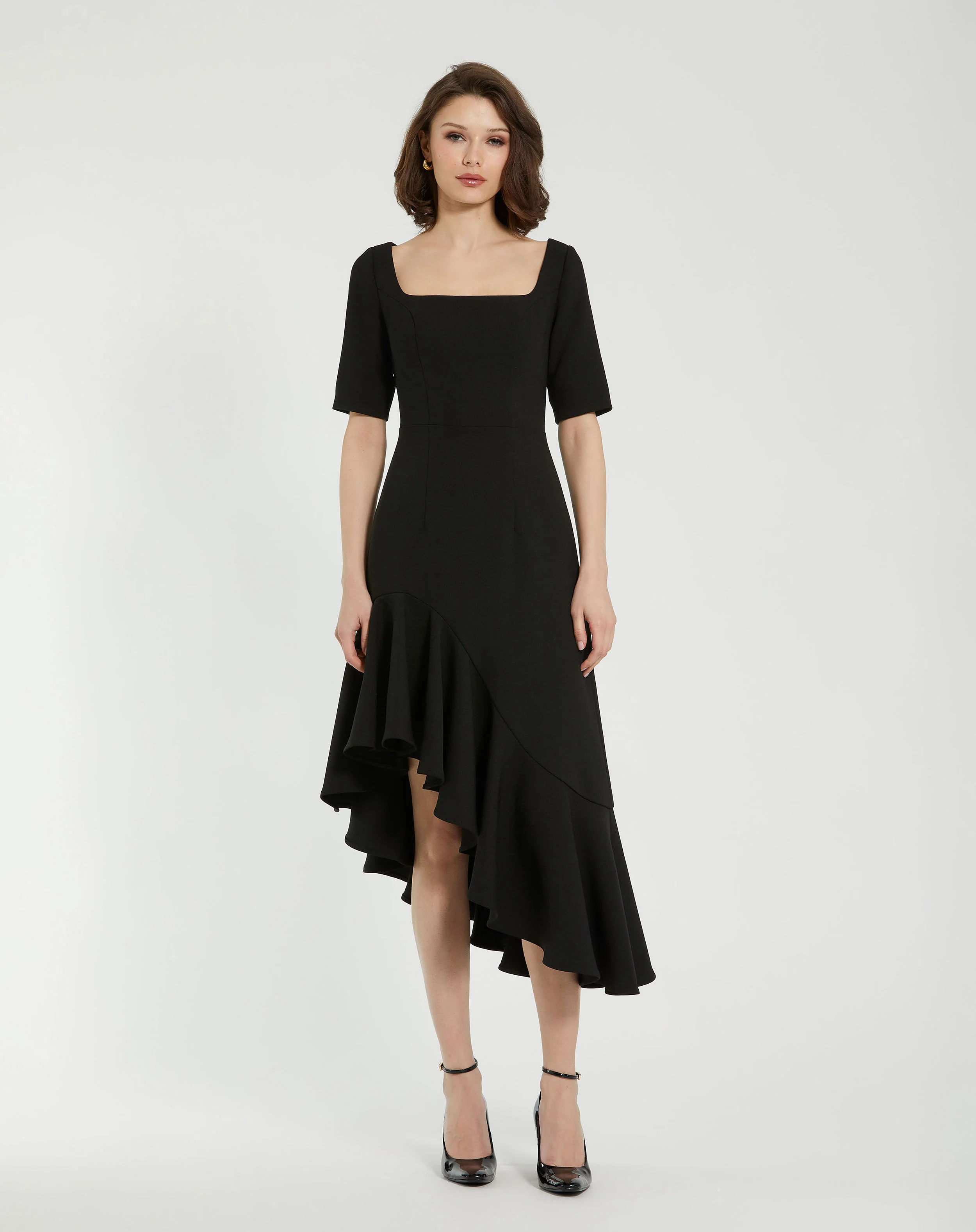 Black Crepe 3/4 Sleeve Asymmetrical Hem Dress