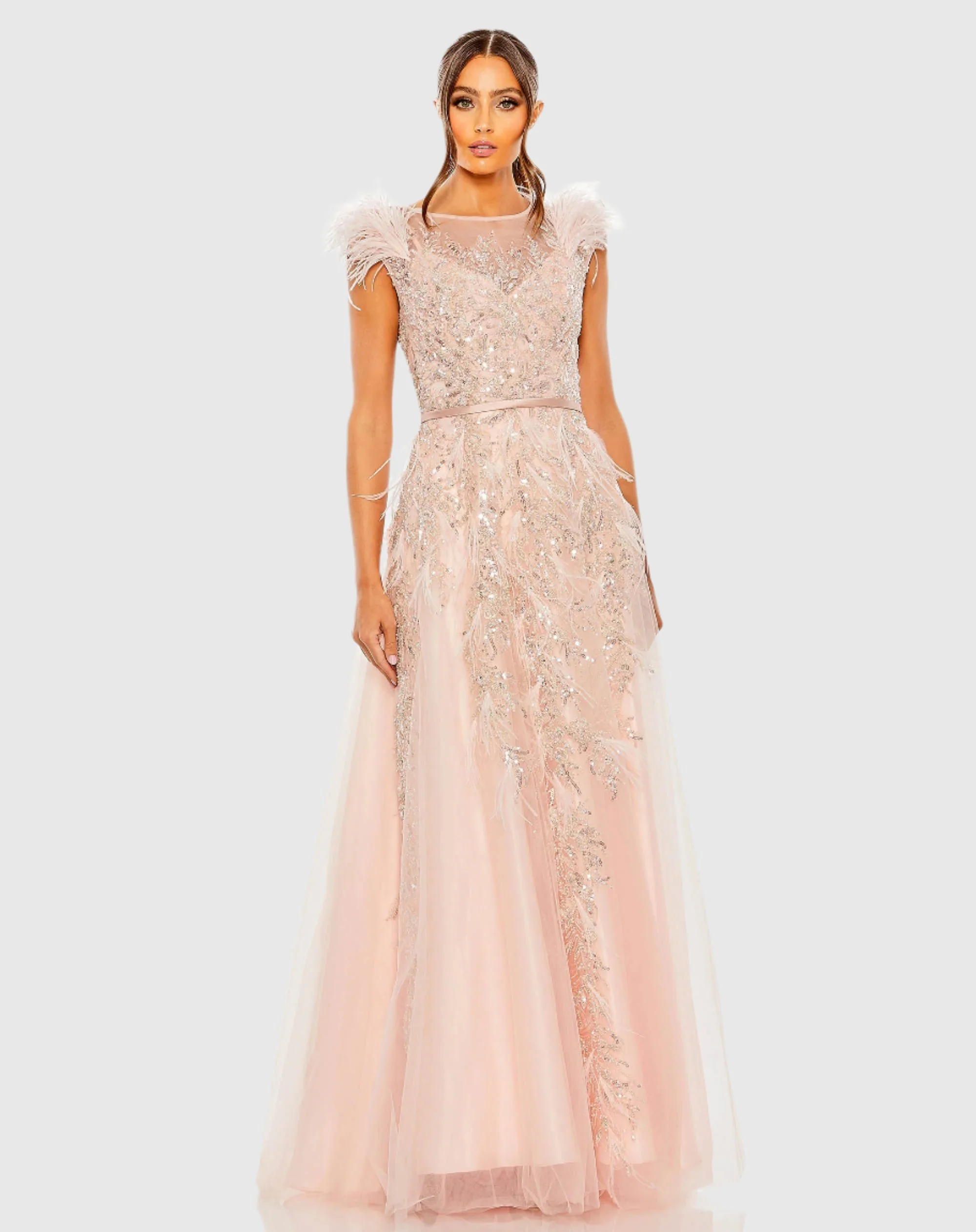 Pink High Neck Feather Detail Beaded Gown