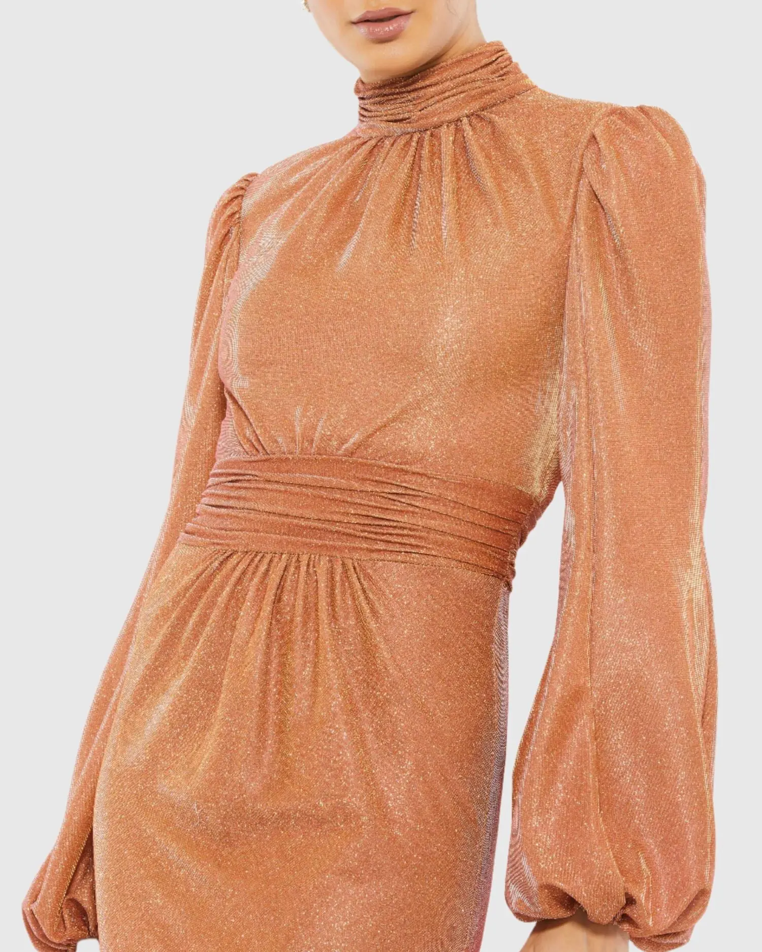 Draped Glitter Fabric High Neck Puff Sleeve Trumpet Gown