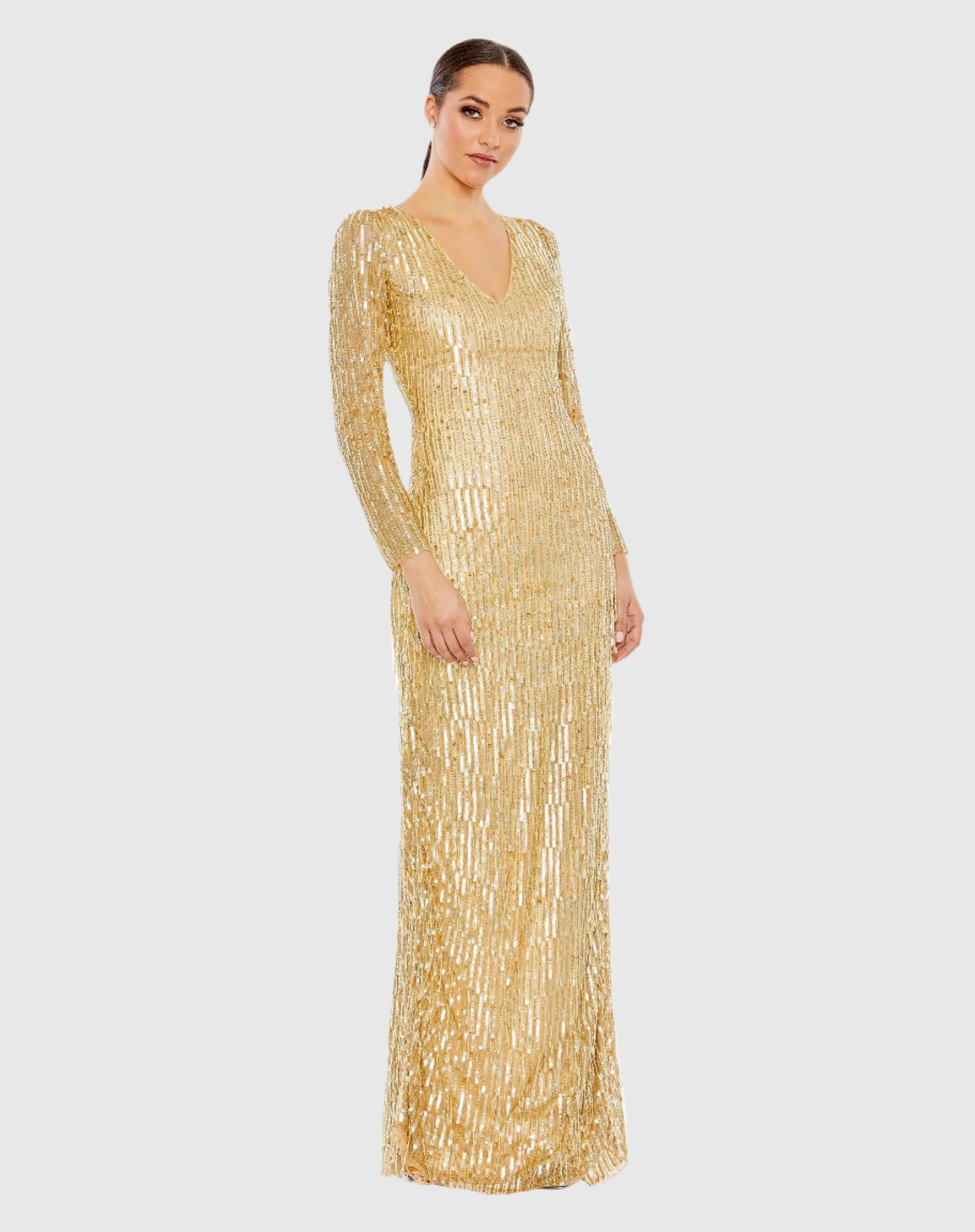 Sequined Long Sleeve V Neck Beaded Fringe Gown
