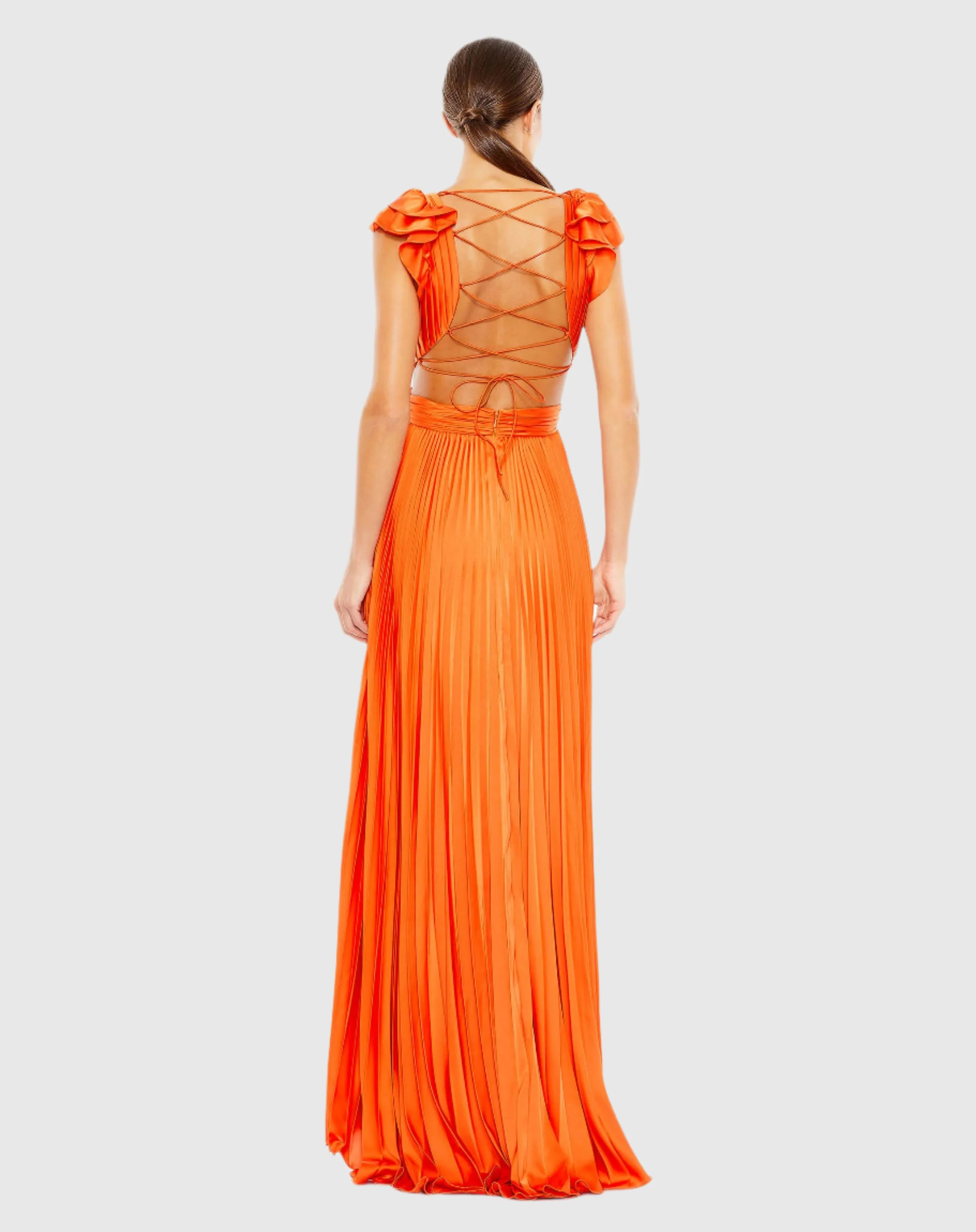Orange Pleated Ruffled Cap Sleeve Cut Out Lace Up Gown