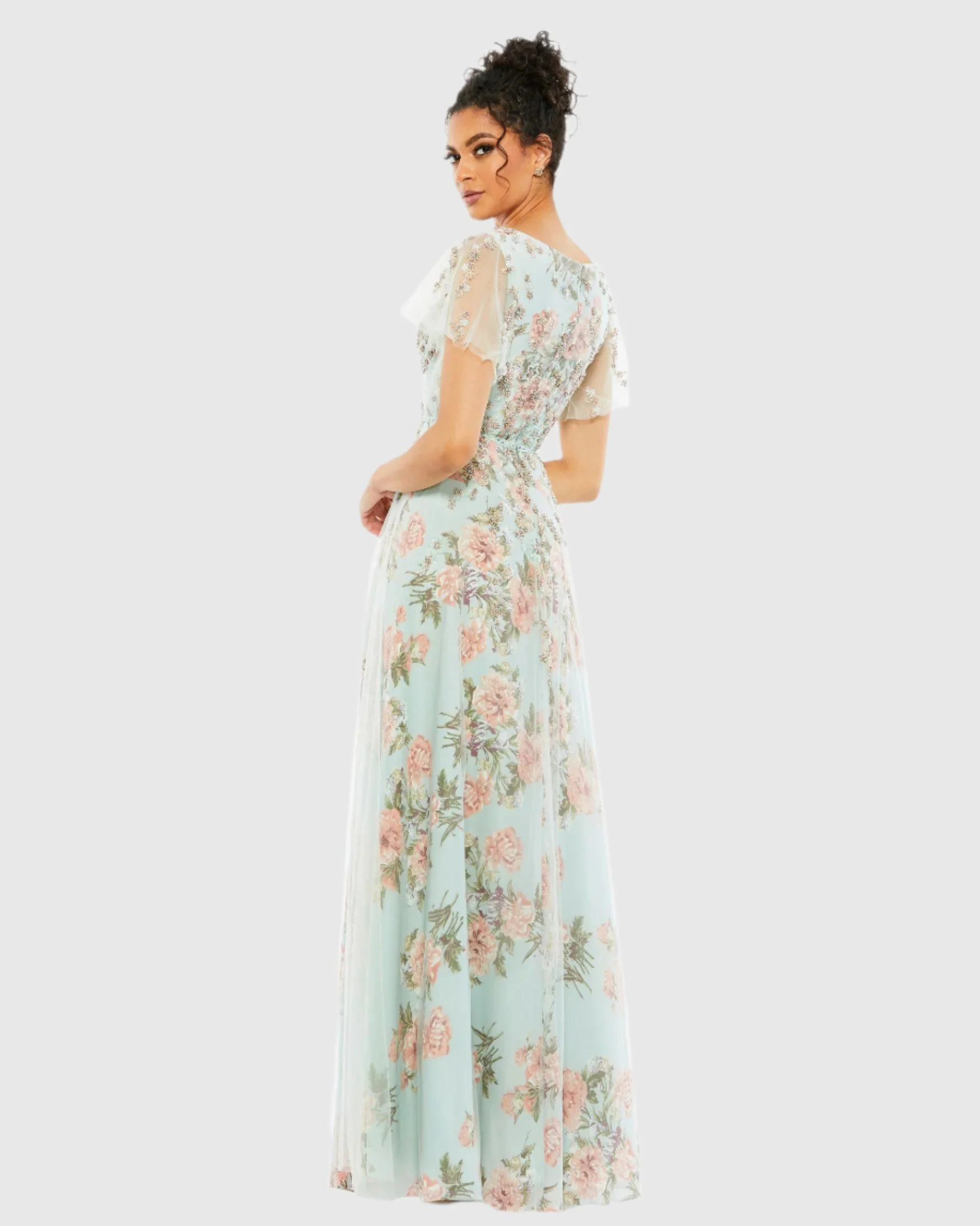 Blue Floral Flutter Sleeve V-Neck Maxi Dress