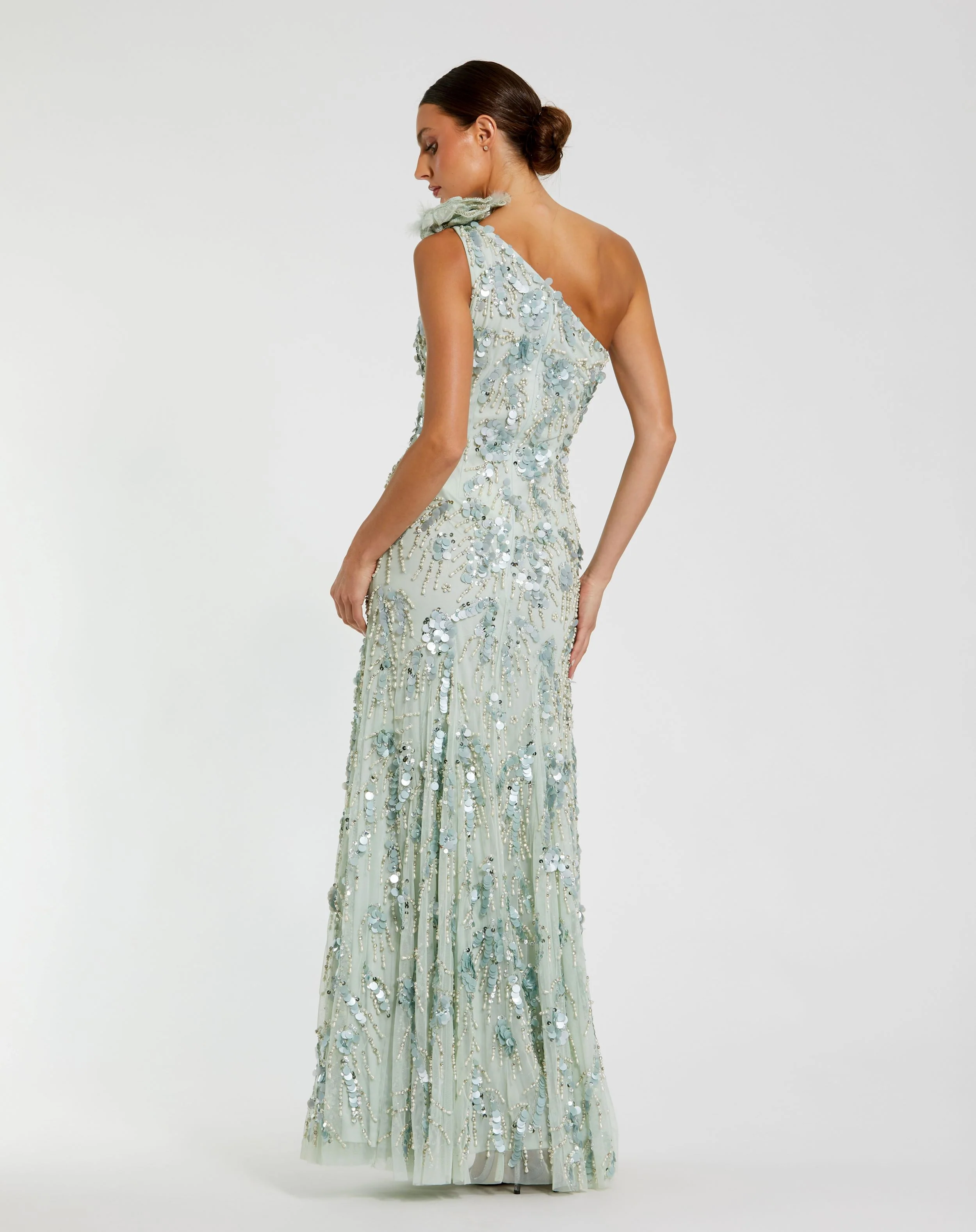 Green Beaded Mesh One Shoulder Trumpet Gown With Flower