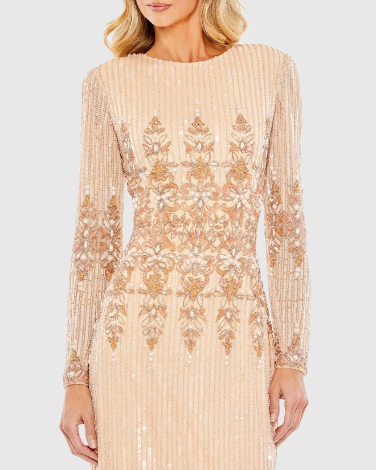 Pink Embellished Long Sleeve High Neck Sheath Dress