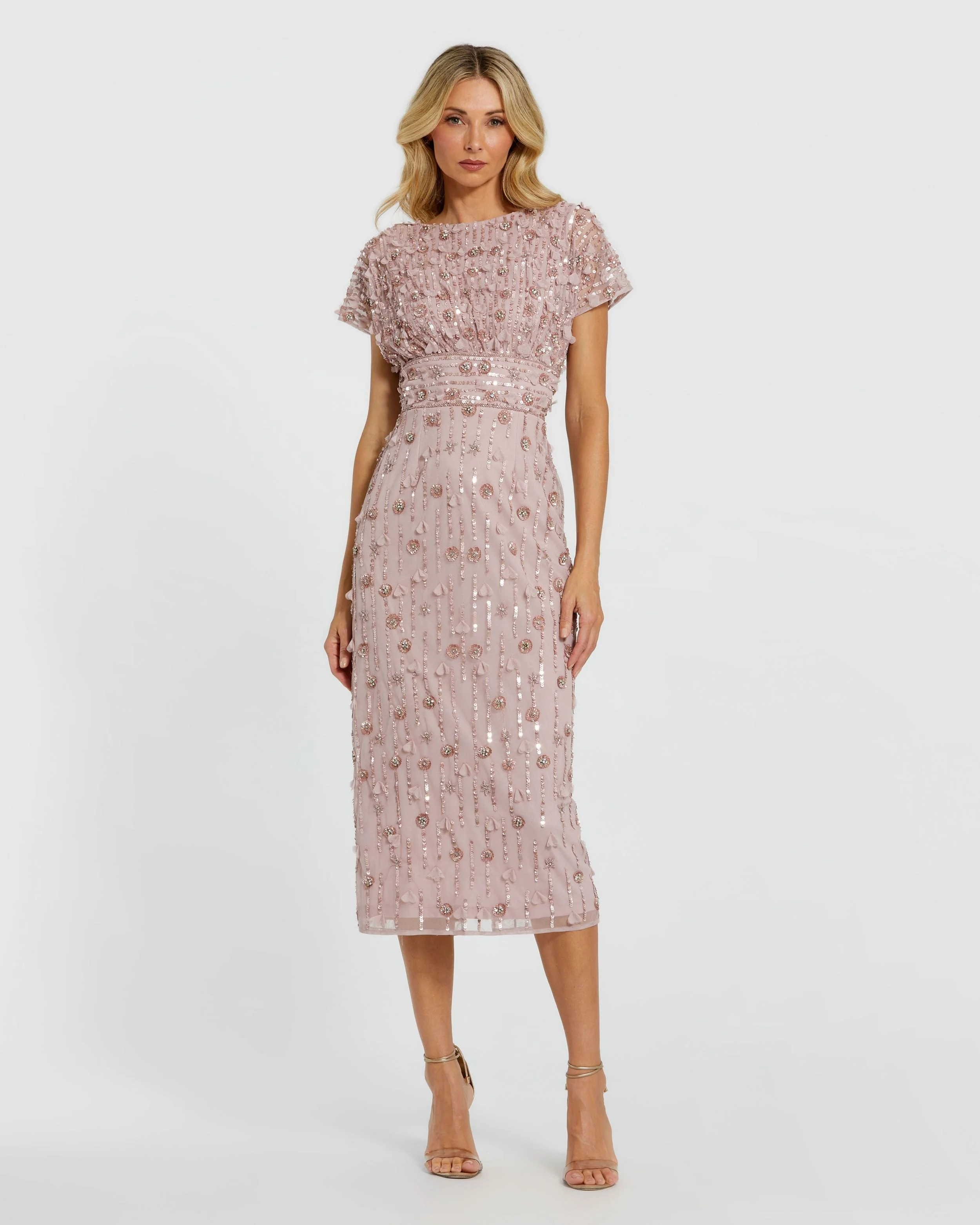 Pink Cap Sleeve Column Midi Dress With Floral Beading