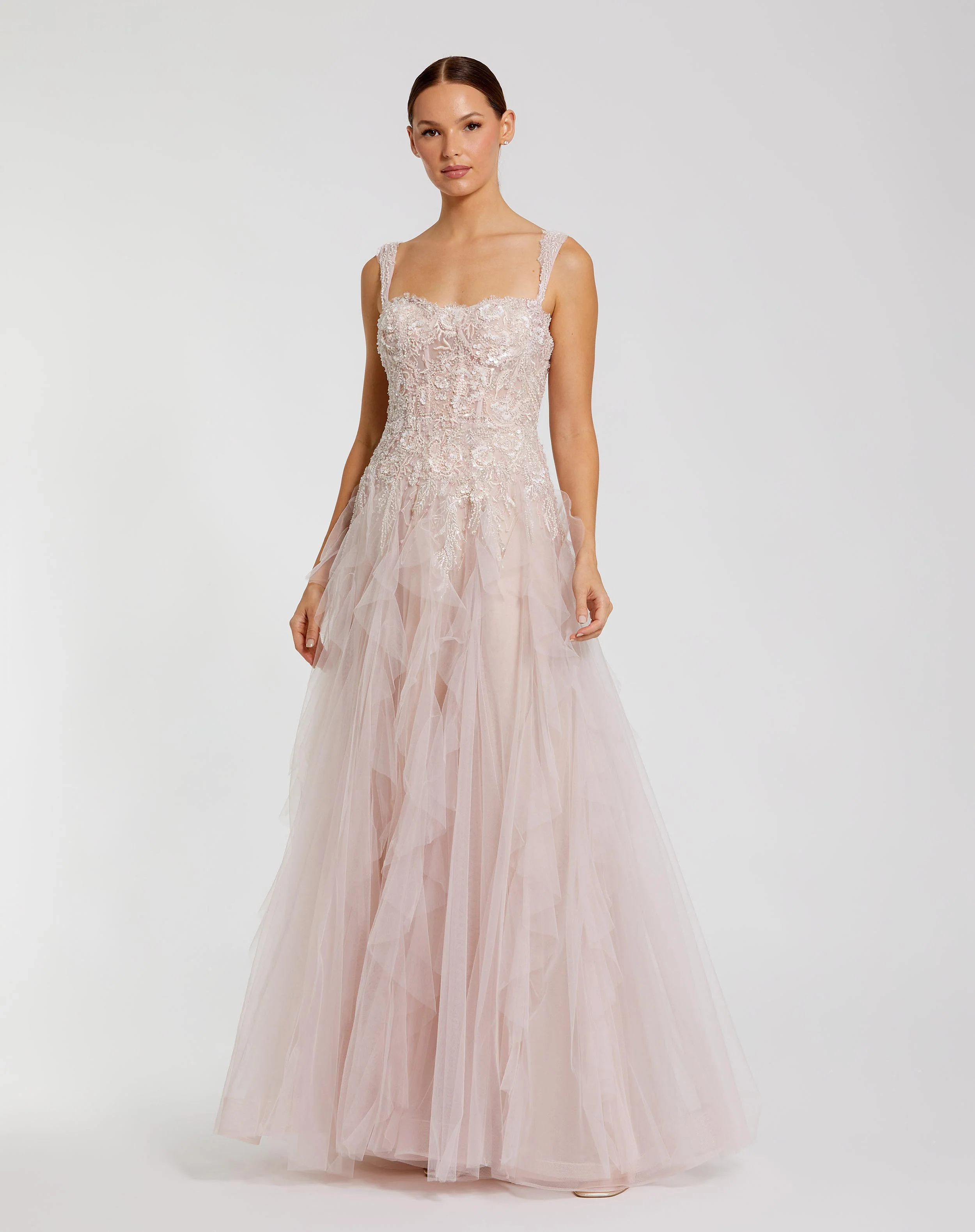 Pink Thin Strap Bustier Tulle Gown With Ruffle Skirt