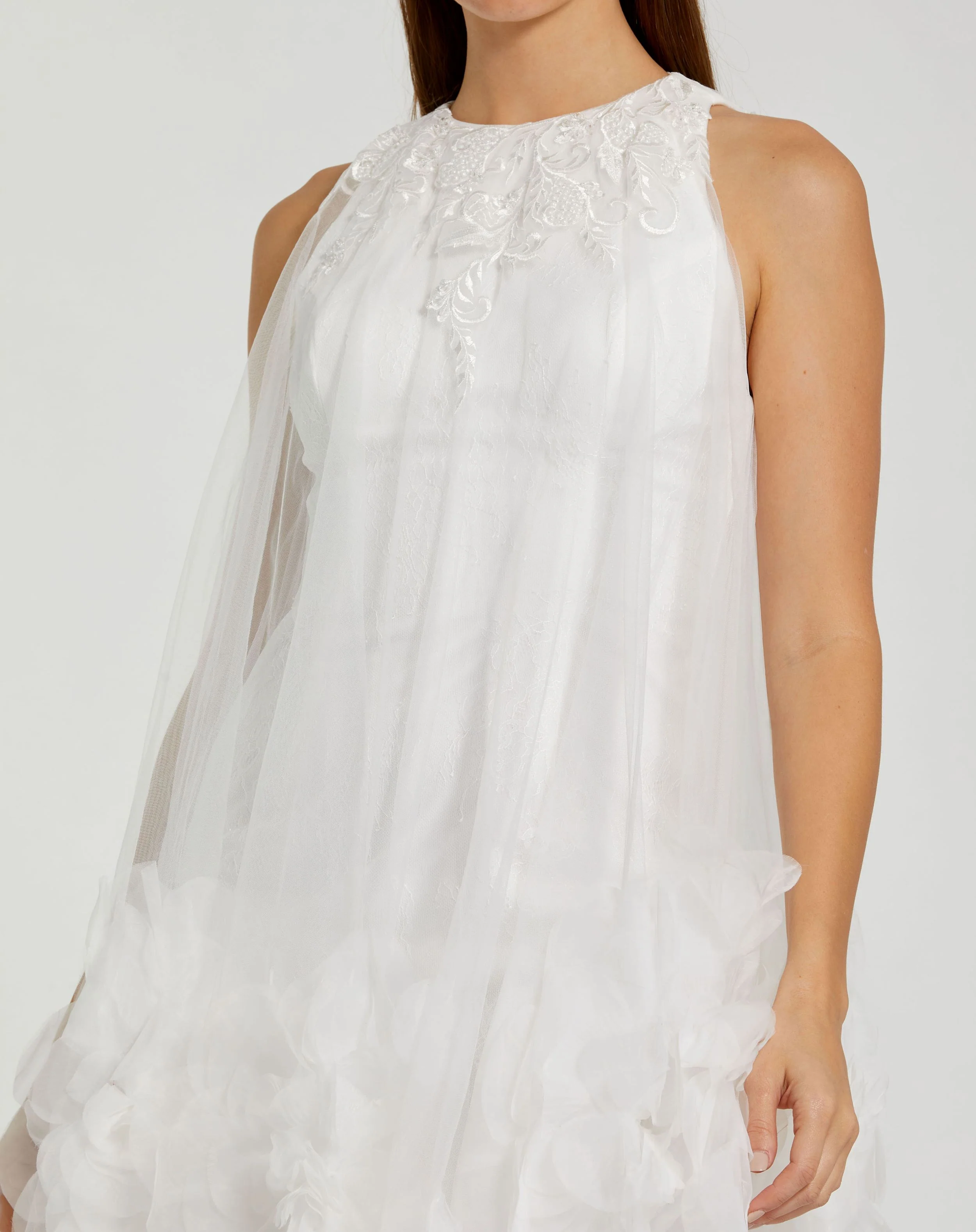 White Halter Neck Flowy Petal A Line Mini Dress