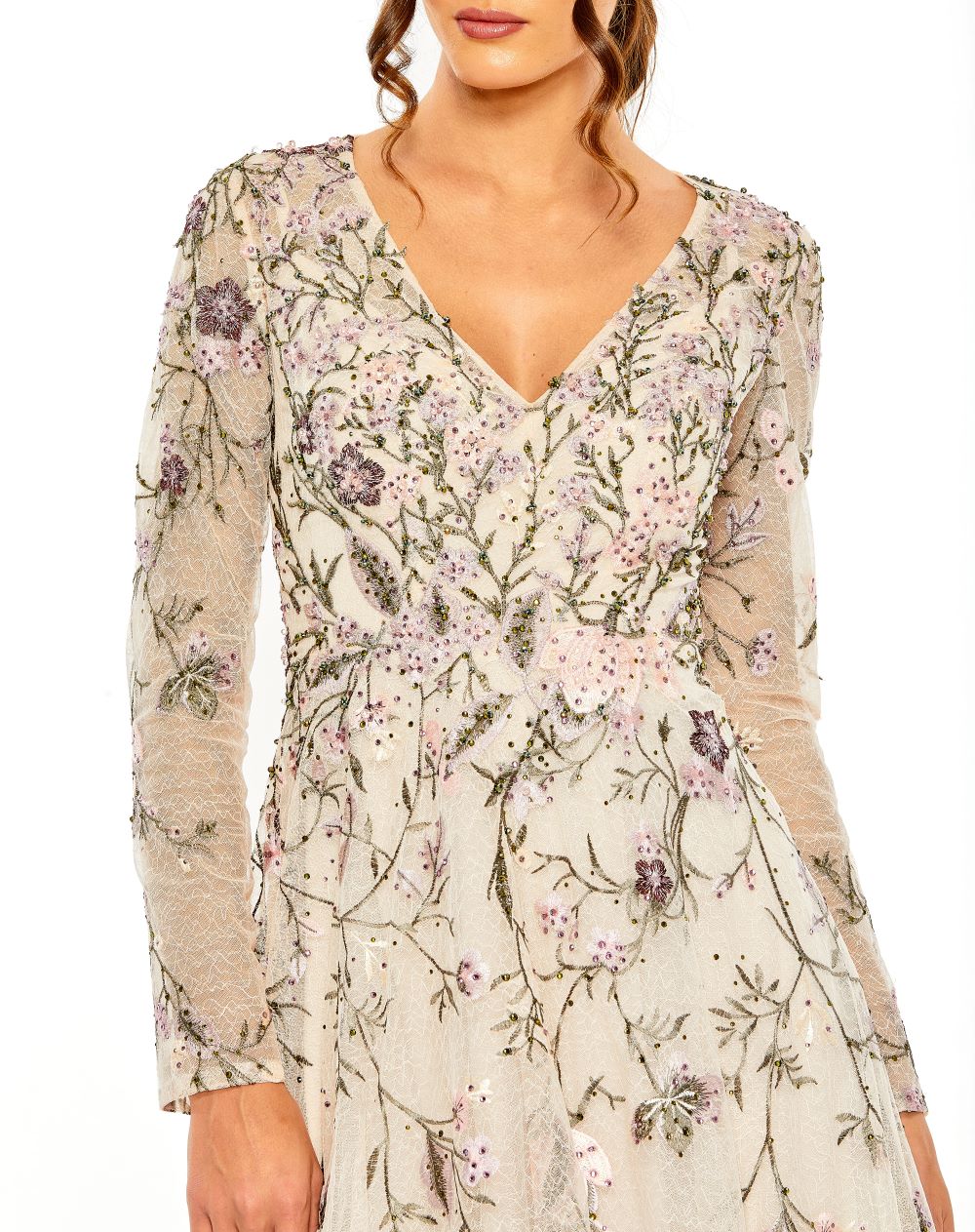 V Neck Long Sleeve Embroidered Gown