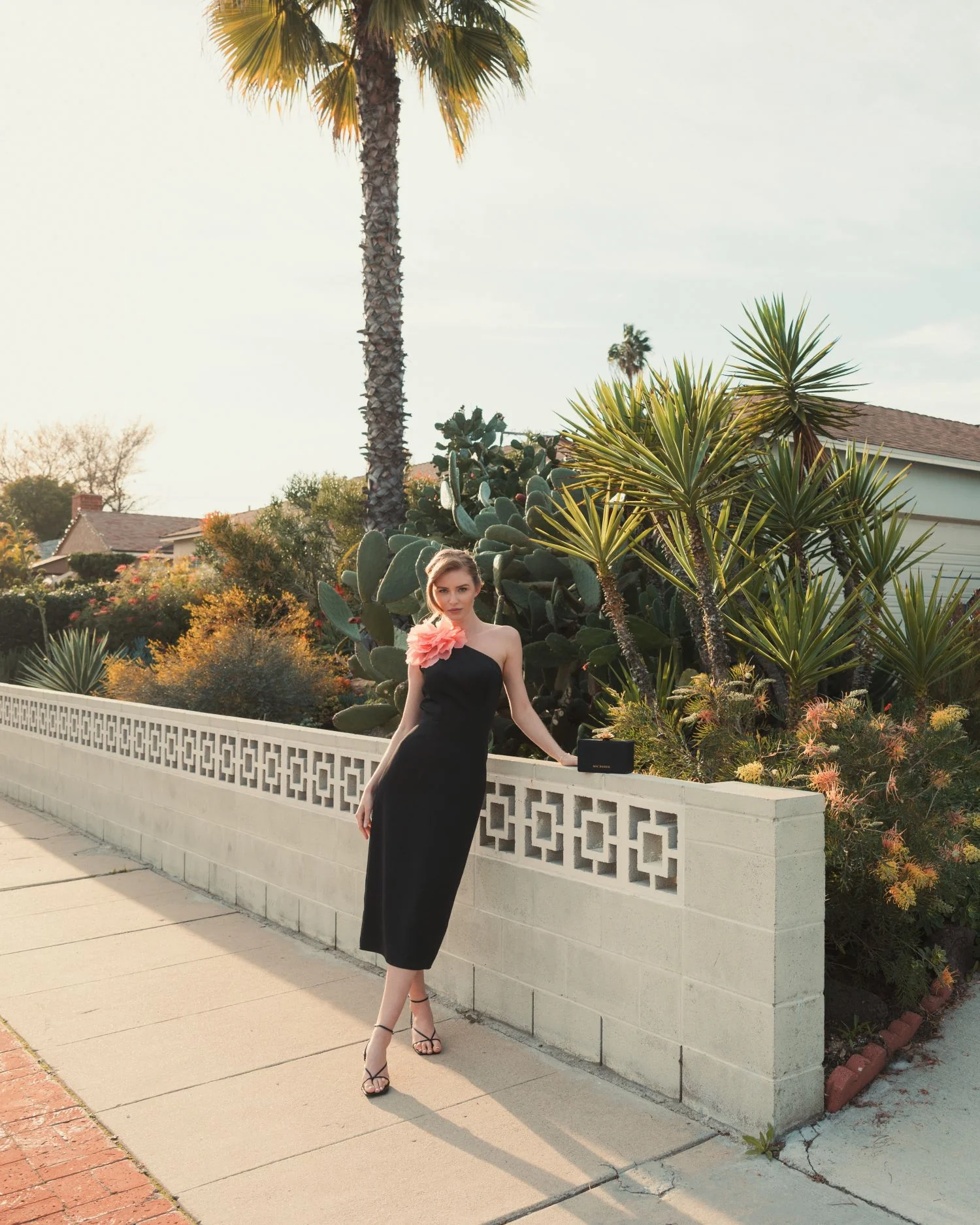 Black Crepe One Shoulder Midi Dress With Flower