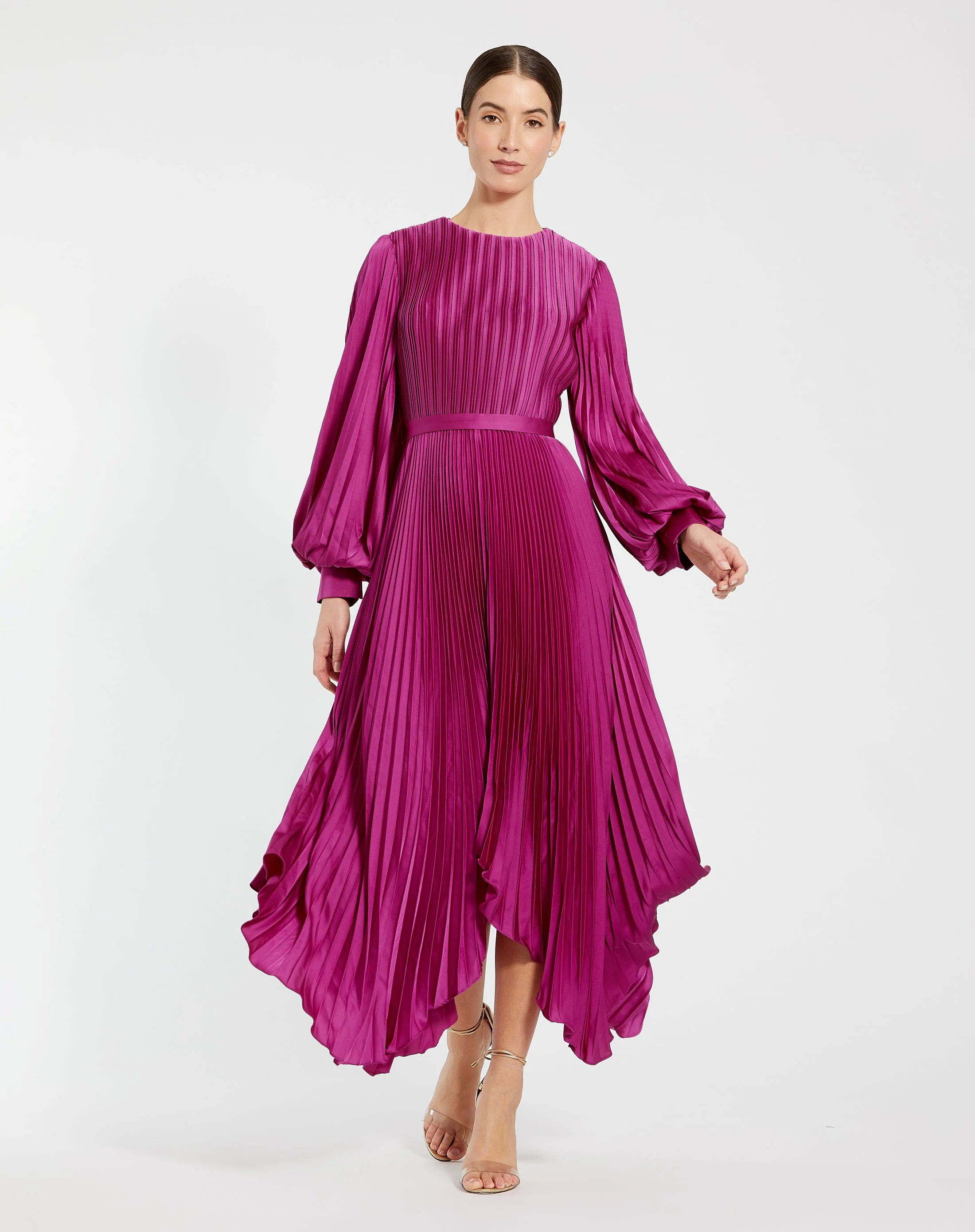 Purple Long Sleeve Pleated Handkerchief Dress