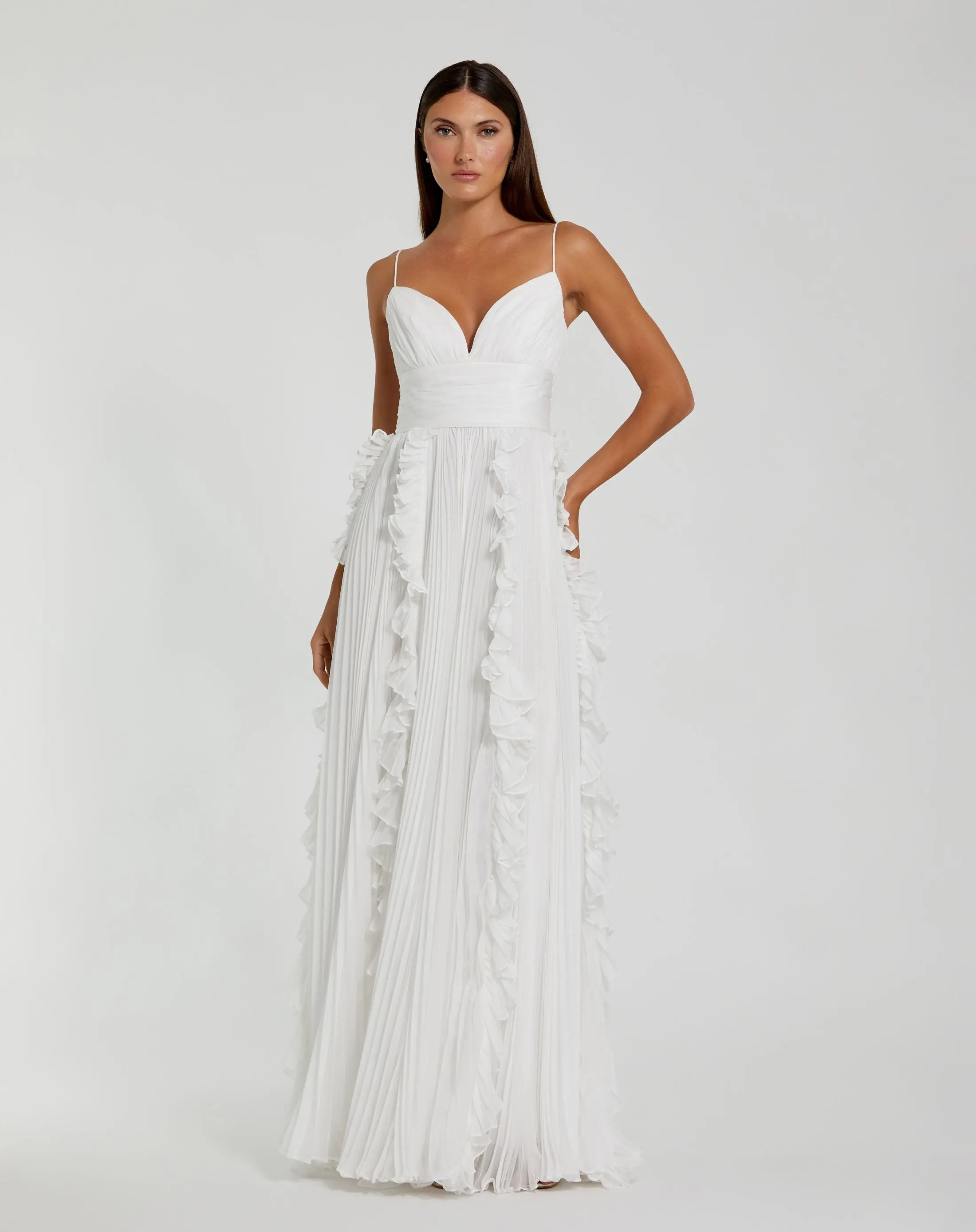 White Pleated Sleeveless Flowy Gown