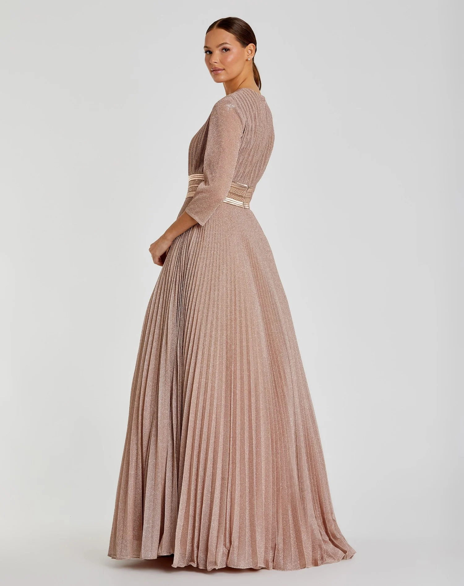 Pink Shimmering Pleated A-Line 3/4 Sleeve Gown