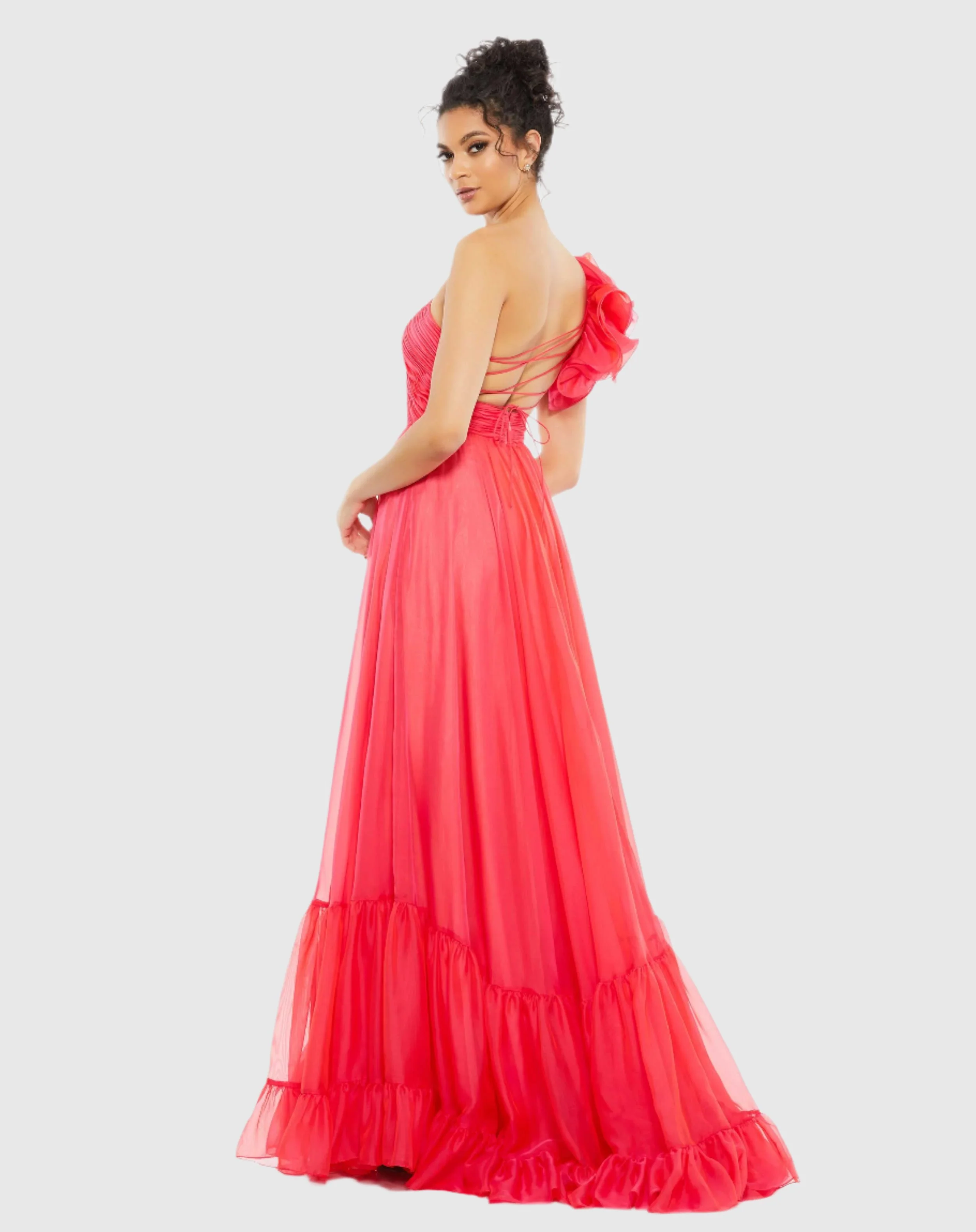 Ruffled One Shoulder Tiered Gown