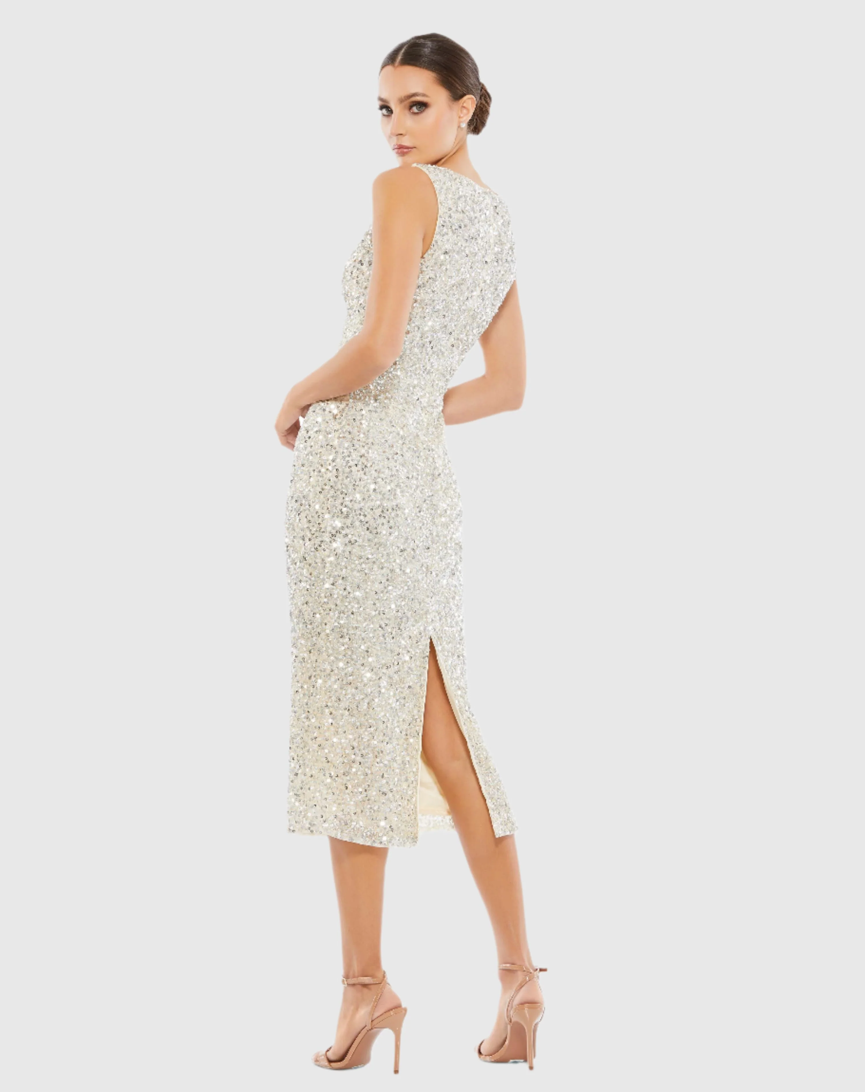 Silver Sleeveless Sequined Midi Sheath Dress